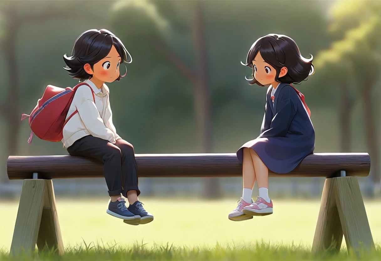 ２people、One side is down、Sitting facing each other on a seesaw、２people、I'm facing、一peopleがプレゼントを恥ずかしそうにI&#39;m giving you a present、I&#39;m giving you a present、Delighted with the gift、もう一peopleが嬉しそうに喜んでいる笑顔