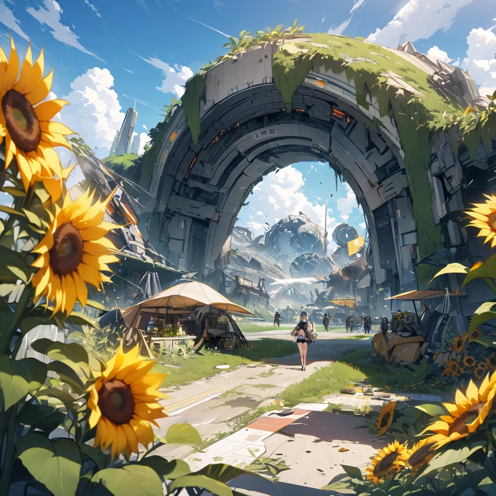 Top quality, masterpiece, high resolution, shelter of advanced mechanical civilization, lifting of lockdown, destroyed civilization, calm summer blue sky, white clouds, lush greenery, sunflowers, apocalypse, weather weapons