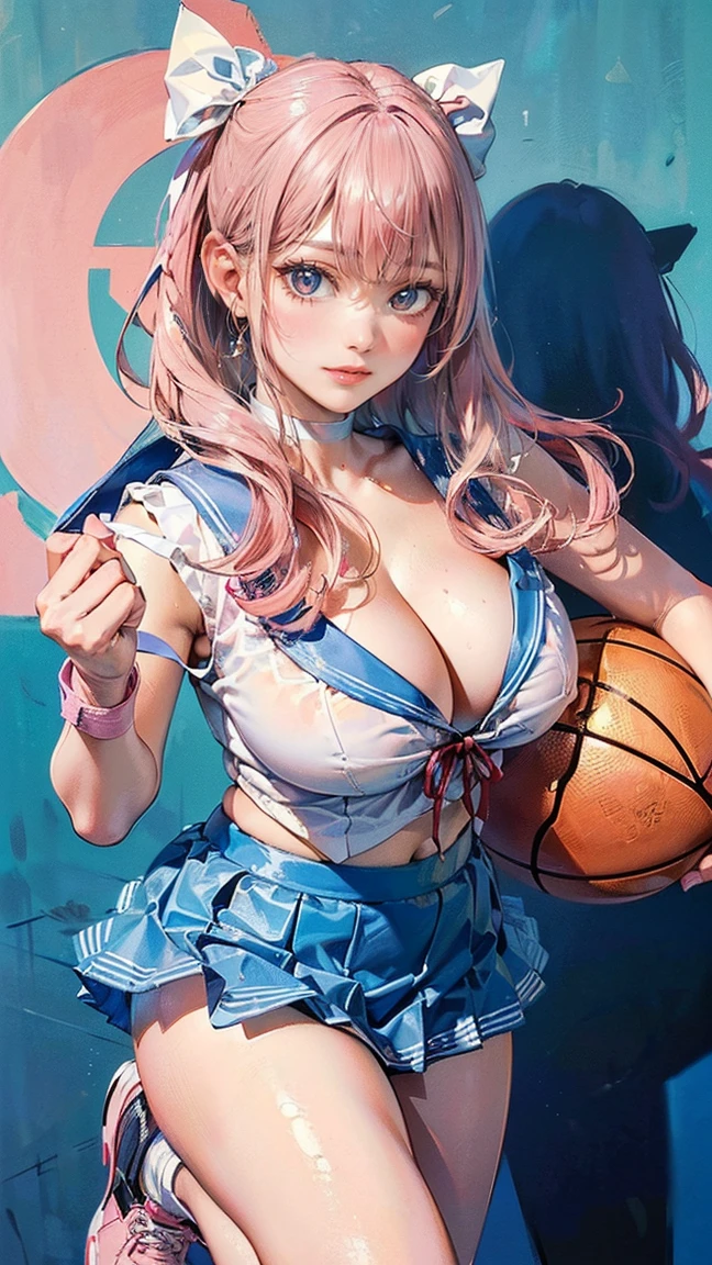 ((Highest quality, 8k, masterpiece :1.3)), (Sharp focus :1.2, Beautiful woman with perfect figure :1.4, Slim Abs), ((Big Breasts, Emphasize cleavage:1.2)), (Photorealistic:1.4), (realistic:1.4), (Pink Hair:1.5), Highly detailed face and skin texture, Fine grain, double eyelid. Makeup face, A little bit of lipstick, sex appeal, Sexy gravure pose, ((A high school girl wearing a light blue sailor suit with ribbon and a white skirt。The background is in the gymnasium、The basketball is rolling。She is smiling in a sexy pose with one foot on the basketball。Simple earrings and wristbands are the accessories.。:1.3))