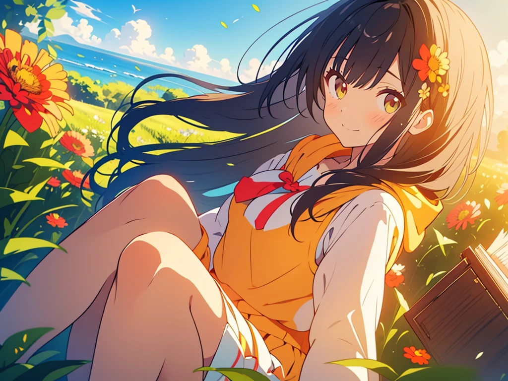 kawaii, anime, Cute, hyper quality, highly detailed, 8k, Clarity, Draw facial expressions in detail, A girl with long dark brown hair winks, Zinnia, colorful zinnia flower field, highlight on eyes, Moe sleeves, smile, clear sky, The wind passes through, Flowers waving in the wind, Colorful zinnia petals dance in the sky, wave one hand, Sit with one leg extended and your knees raised, A pile of books on my back, reading in the meadow, red zinnia, yellow zinnia, white zinnia, pink zinnia, wearing a short-sleeved hoodie, skirt, Books scattered around, sit, The expression is a wink, A cluster of colorful zinnias grows, The flowers are wet with morning dew and shine, A bird flaps its wings in the sky, Thank you for waving, The color of the open eyes is green, upward glance, wave one's hands, wave hands, Zinnia bookmark, Pressed zinnia flower bookmark, holding a book, green eyes, clouds running, parabola in the sky, shortcake hairpin,