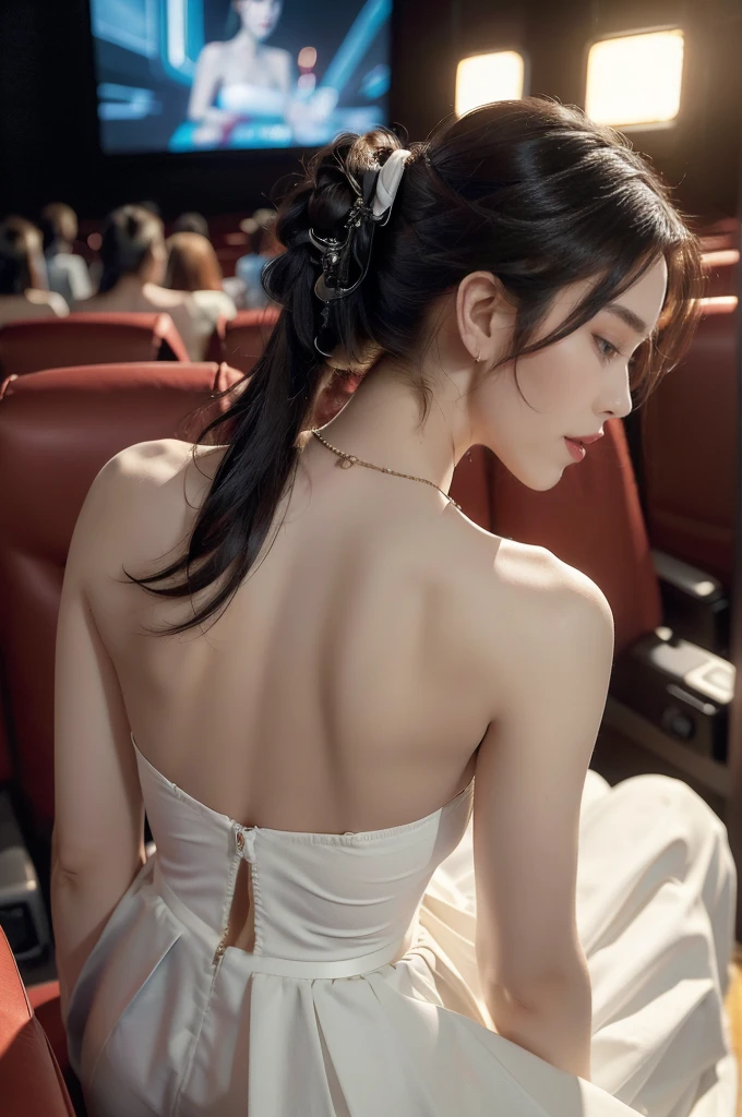 (((best quality))),(((ultra detailed))),(((masterpiece))),illustration,((a beautiful girl,solo)),(short ponytail:1.2),(glasses:1.2),((slim,thin)),((strapless,bare back,towering hips,butt crack)),(sitting:1.3),(in a movie theater:1.3),((white shirt,white flowing long skirt)),elegant, youthful innocence, radiant skin, focused eyes,(movie screen:1.2), (dimly lit:1.5), plush seating, intricate decorations, freshly popped popcorn, anticipation, peaceful expression, cozy surroundings, summer,(night scene:1.3),(Luxurious decoration:1.3), tranquility, joy,((Future technology sense, cyberpunk style)),((from back,upper body))