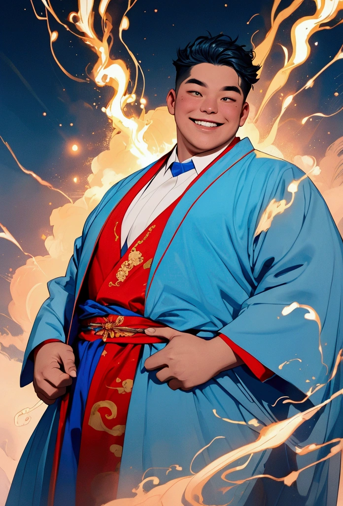 A spirit of a fat, skin-colored blue man with a crazy smile turned towards the camera. He wears a sky blue robe, which resembles traditional Chinese attire. This robe is adorned with gold and red details. The suit is loose and fluid, reflecting its agile and dynamic nature. surrounded by an electric glow or small sparks of electricity. This aura adds a dynamic element to his appearance, making him always seem electrified.