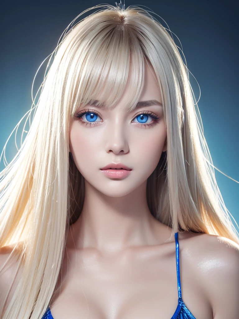 Unparalleled beauty, Glossy, firm and shiny skin, Bangs between the eyes, Beautiful shiny, straight platinum blonde, Super long straight silky hair, eyeliner, sexyで美しい無邪気な20歳, High resolution, Very bright and beautiful large glowing light blue eyes、Very big eyes、Beautiful and lovely girl, ((Huge ))、((erotic、sexy、超High resolution、The lighting is bright、Precise needles without discomfort))、