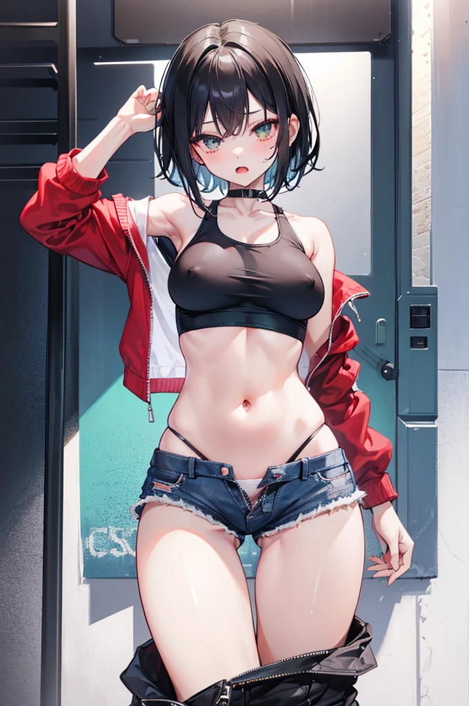 1girl, short black hair, tousled hair, messy hair, green eyes, red jacket, red and black jacket, white top, white tank top, white transparent top, sheer fabric, thin fabric, sheer top, transparent top, white transparent top, loose white top, downblouse, down blouse, no bra, pink nipples, hard nipples, erect nipples, poking nipples, belly, midriff, tomboy, boyish, masculine, androgynous, badass, sideboobs, sidebreast, sideboob, underboobs, armpit, armpits, ribcage, city, city background, black denim shorts, ripped shorts, unbuttoned shorts, unzipped pants, low-rise, looking at viewer, full body, raised arms, raised arm, tying hair, open mouth, short shorts, mound of venus, pubic mound, vagina, cameltoe, hot pants, cyberpunk, cyberpunk city, short shorts, mound of venus, pubic mound, vagina, cameltoe, unbuttoned shorts, unzipped pants, low-rise, white top, white tank top, white transparent top, sheer fabric, thin fabric, sheer top, transparent top, white transparent top, loose white top, downblouse, down blouse, no bra, pink nipples, pulled down shorts, lowrise, low-rise jeans, bottomless, nopan, open vagina, going commando, open crotch, ripped shorts, mini shorts, micro shorts, visible crotch, visible vagina, smooth vagina, clitoris, labia, lactating, clitoral hood, erect clitoris, lactating breasts, visible clitoris, mound of venus, pubic mound, vagina, cameltoe, nopan, open vagina, going commando, open crotch, ripped shorts, mini shorts, micro shorts, visible crotch, visible vagina, smooth vagina, clitoris, labia, lactating, clitoral hood, erect clitoris, lactating breasts, visible clitoris, mound of venus, pubic mound, vagina, cameltoe, visible clitoris, clitoral hood, erect clitoris, visible clitoris, clitoral hood, erect clitoris