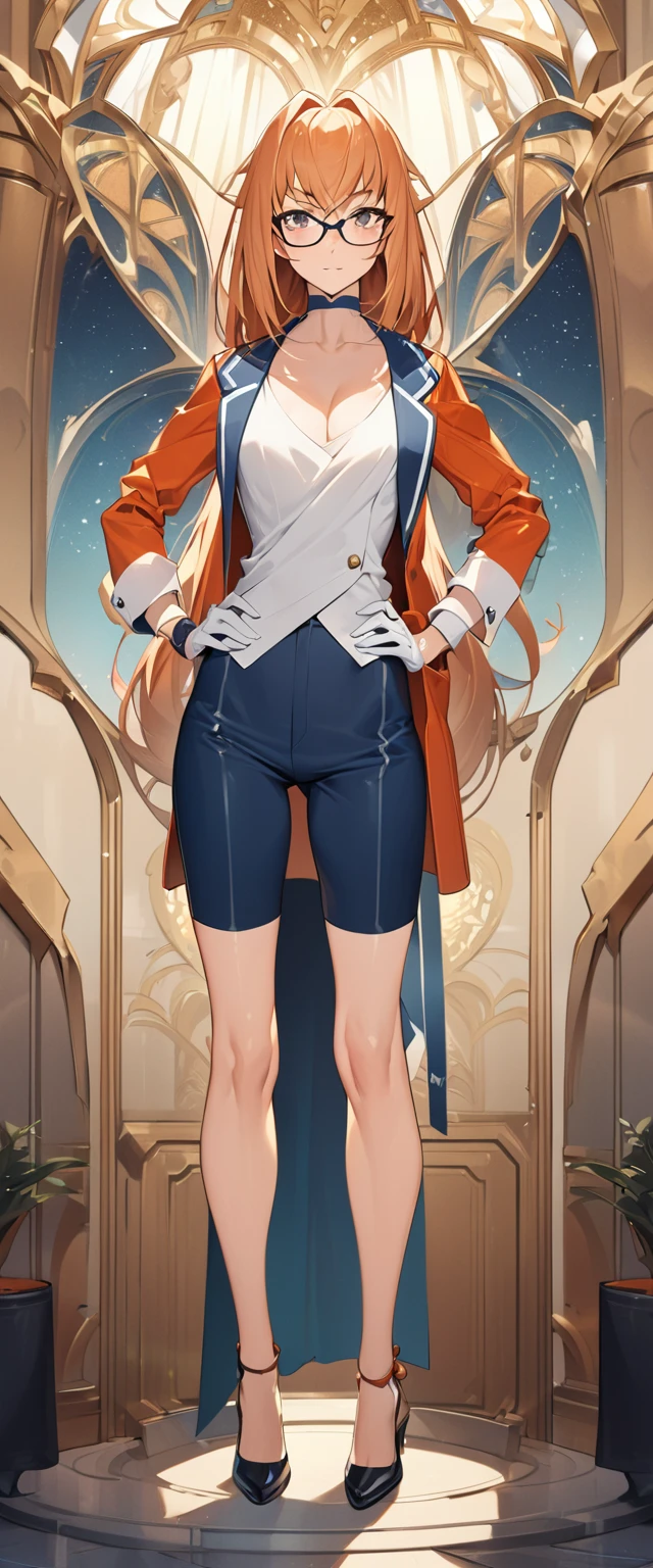 Top image quality,Ultra-high resolution,stand着，front，Full body view，wear gloves，Details: hands on hips，thin waist and thin legs，Tall and hot body，stand，Mai Shiranui，Glasses Beauty,Deep V-neck, Full body image