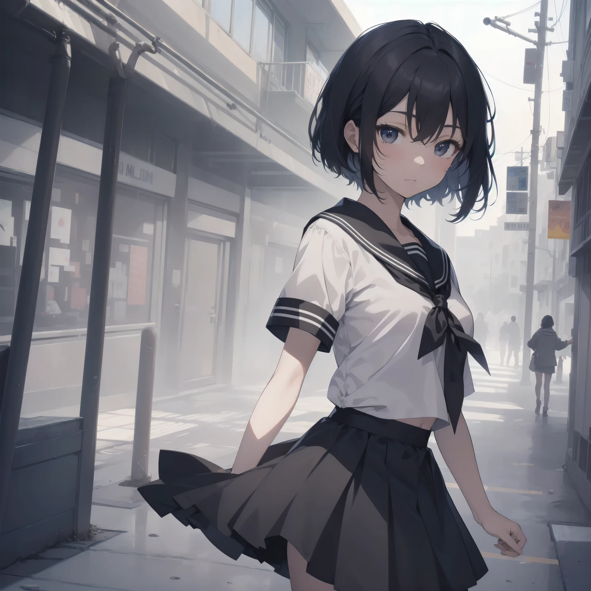 ultra-absurdres-Top quality by artist God, ultra-detailed, high resolution, anime moe artstyle, best anime 8k konachan wallpaper, pixiv contest winner, pool:2810, perfect anatomy,break, 1girl, (Please draw a girl walking sleepily to school alone. )break,(Solo,little female, 13-year-old:1.3),Full limbs, complete fingers,a junior high school student, (very short hair), short cut, flat chest, , small butt, small black eyes, beautiful detailed eyes, well-proportioned iris and pupils, expressive eyes, highres detailed hair, soft expression, salor school_uniform, sailor collar, serahuku, bow, pleated skirt,(Detailed Lighting), (Detailed background), in the School commute route. break,super detailed skin, Best cinematic lighting powered by famous artist, 8k,beauty illustration,photoshop_(medium),very aesthetic,break,((artist:zen_(kamuro) )), artist:clamp ,artist:carnelian ,artist:kantoku ,