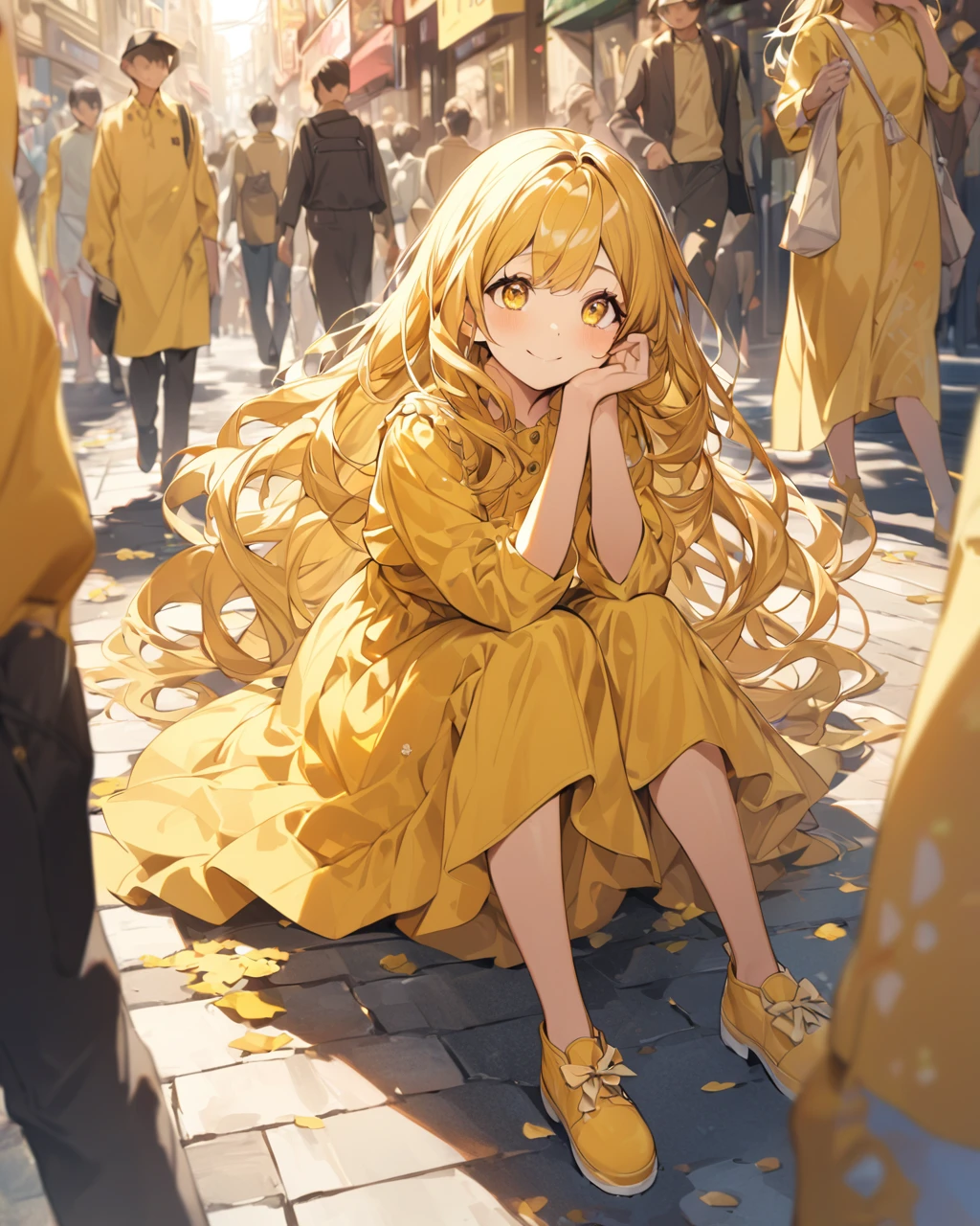 "A young girl with long, flowing hair sitting on the ground in a busy street scene, looking up with a gentle smile. She is wearing a yellow dress and matching yellow shoes with bows. The background features people walking by, with a warm, sunny atmosphere. The overall style is soft and detailed, with a focus on the girl's expressive eyes and the vibrant yellow color of her outfit."