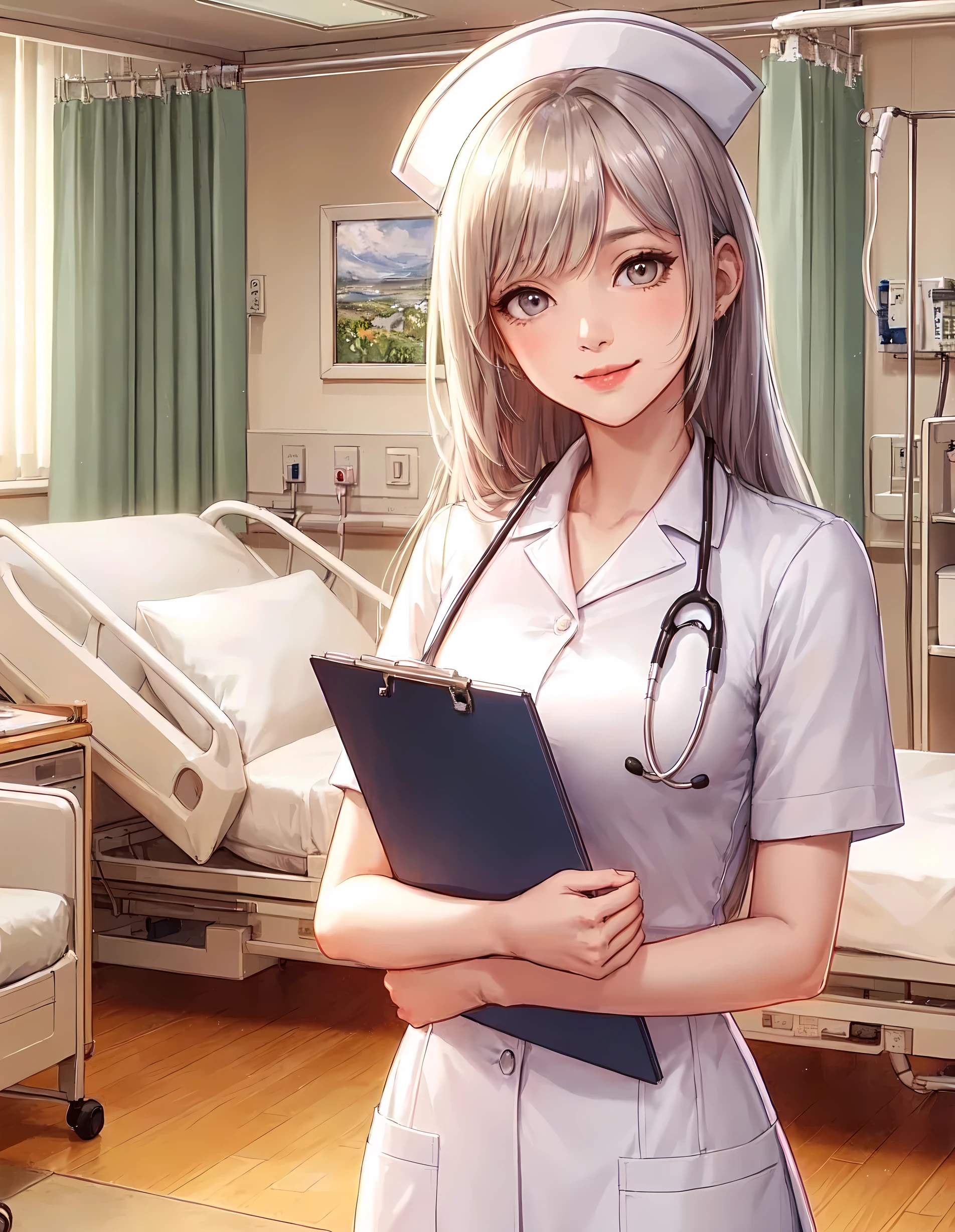 1lady standing, healthcare worker, (nurse uniform), (mature female:0.8), /(beige silver hair/) bangs, kind smile, (masterpiece best quality:1.2) delicate illustration ultra-detailed, large breasts, (holding clipboard), (stethoscope around neck) BREAK (hospital room) indoors, patient's bed, detailed background