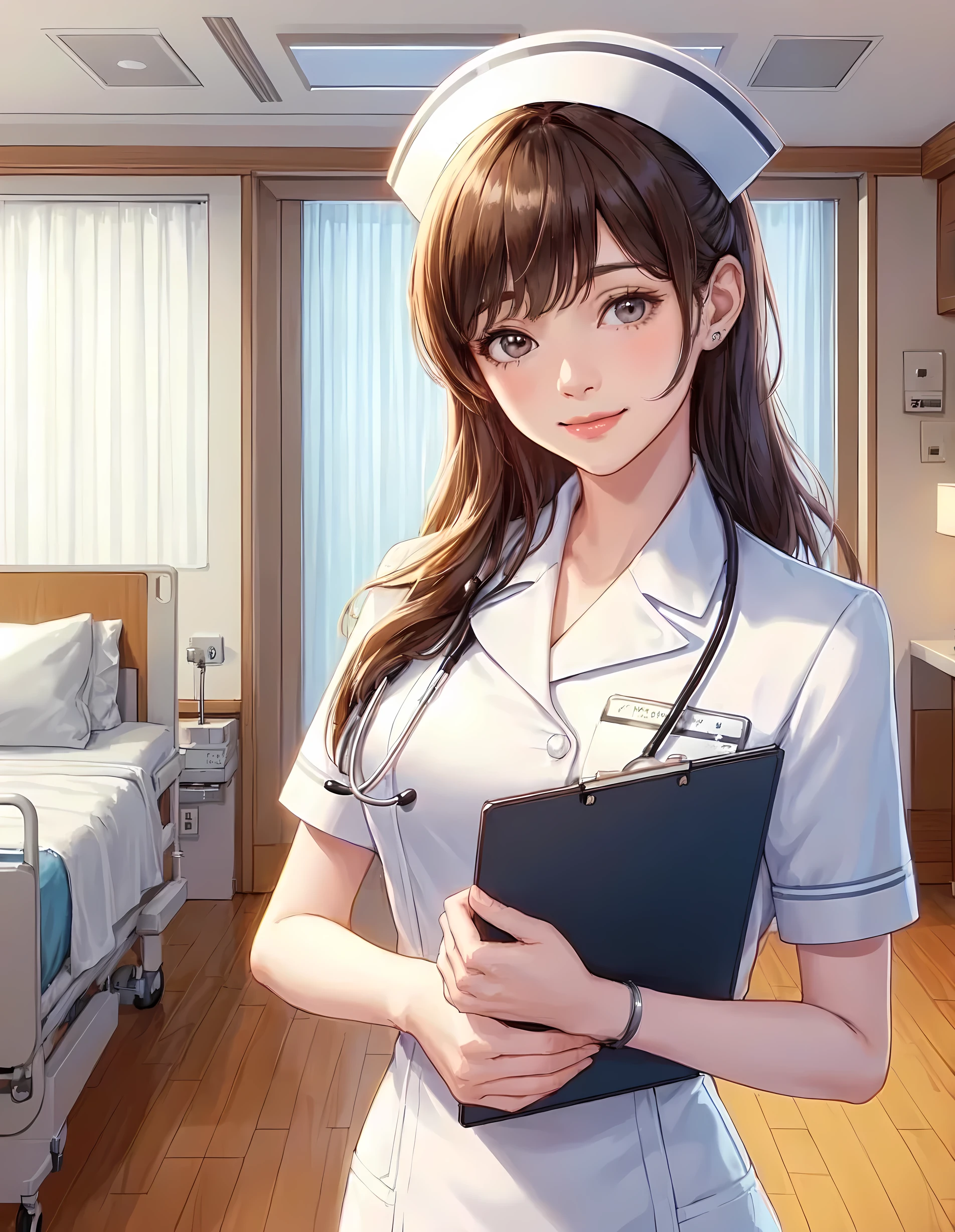 1lady standing, healthcare worker, (nurse uniform), (mature female:0.8), /(beige silver hair/) bangs, kind smile, (masterpiece best quality:1.2) delicate illustration ultra-detailed, large breasts, (holding clipboard), (stethoscope around neck) BREAK (hospital room) indoors, patient's bed, detailed background