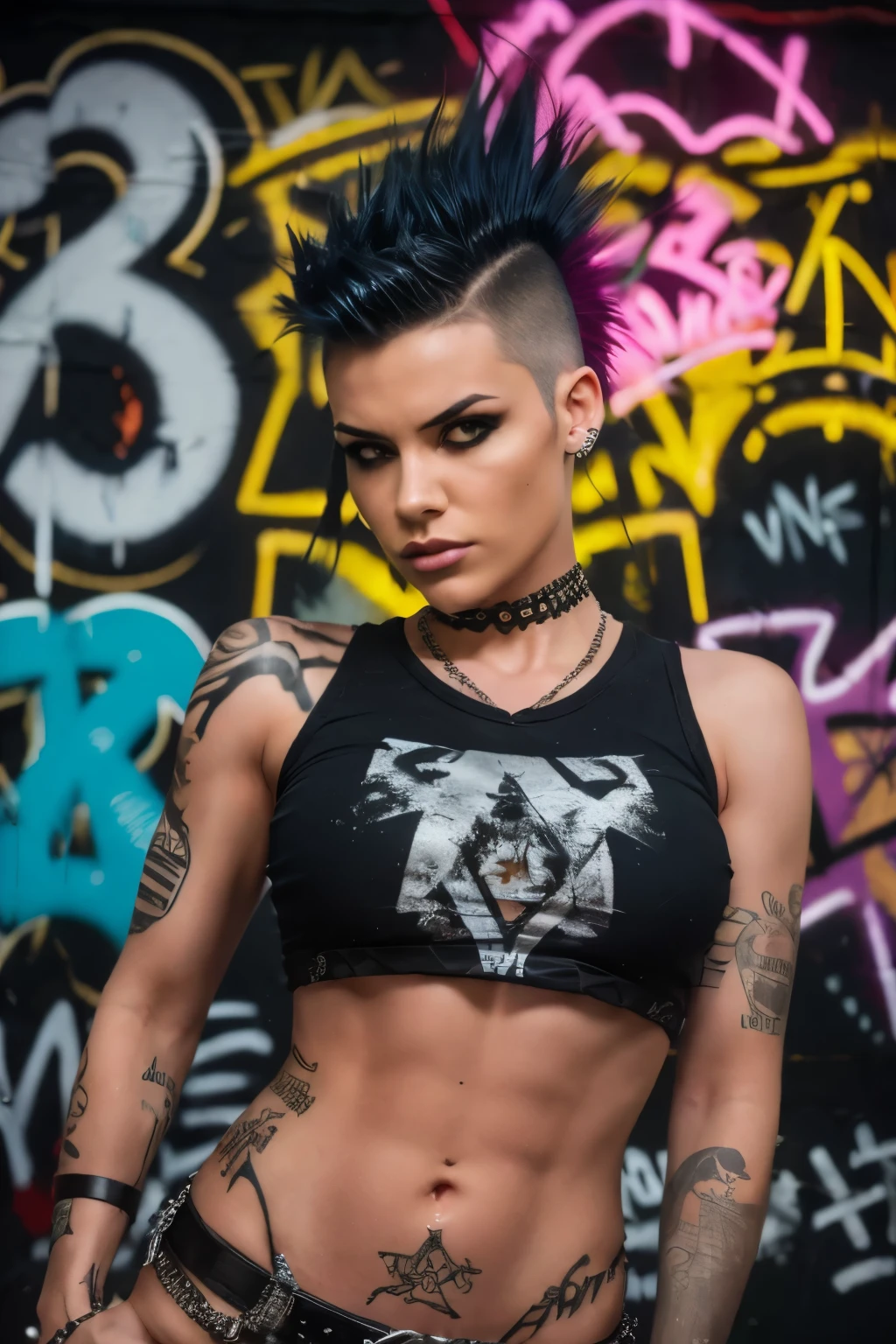 Photorealistic, ultra-detailed, ((Rocker punk girl, spiky mohawk hair)) girl, hot Body Brazilian Girl V.IT:1.4, ABS, tattoo, t-shirt nipples, t-shirt Written "666".portrait photo, grunge, side viewer, Solo, dimly lit room, edgy urban scene with graffiti, dark and moody, late evening, city lights flashing, neon lighting The essence of rock and roll, Spike hair, 18 years old, assertive, confident expression, showcasing multiple piercings, blurry background, analogue style, grunge texture, Best contrast, industrial, Instagram LUT, Professional, 4k, electrifying gaze, shot on Nikon, 50mm, shallow depth of field, ((Abandoned Graffiti Wall Background, cinematic lighting )).