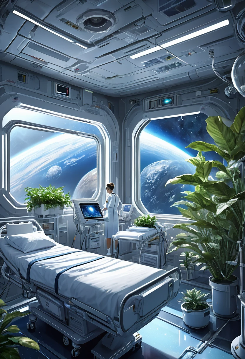 a nurse, science fiction hospital rooms in planetary orbit, artificial plants, nursing beds, stars in deep space seen from the window, masterpiece, best quality, high resolution, realistic, detailed, 