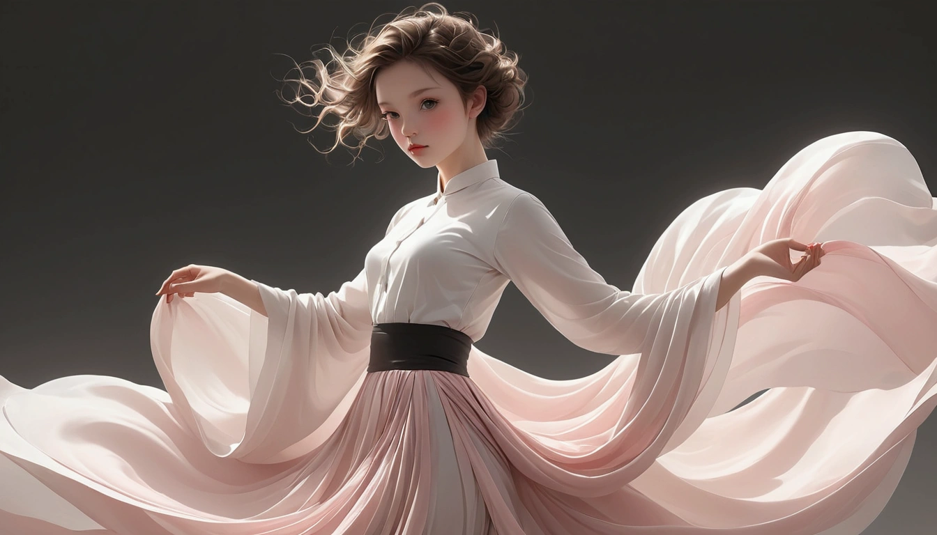 1 Girl,Pink petal skirt,The hem of the long skirt is like smoke，Full background,Petal pattern,Long hair in the wind,advanced sense,Fashion, Still photography, Loop video, Fascinating movement, captivating visuals, Seamless integration, Compelling storytelling, Vortex phenomenon, Angled form, Dynamic Movement, Bold Geometric Shapes, Fragment shape, sharp contrast, Influence of modernism, nature, , modern Art, Astonishing, Unreal Background, Art from (Alessio Albi:1.1), Soft lighting, happy emotion,(close up, Face Focus), (Fractal Art) Extremely detailed,The most beautiful form of chaos, elegant；A little girl，Solitary；A dancing little girl；[Black Eyeball，confidence，High and cold，happy]；[Long skirt elegant style，Long sleeve；Set，Light pink and white gradient，Traditional style，Smudged skirt hem，The whole screen is full of skirts，Skirt smudge background，Ink feeling，Sense of atmosphere，The skirt has no pattern]；[Chinese dance]，[[[Full body panorama 1.5]]]，front；The figure is submerged in the fabric of the skirt，Full screen fabric；White background，纯White background；Composition：The character is on the right side of the screen； Simple style；Minimalism。Panoramic photography；Depth of Field, Extraordinary details, masterpiece, high quality, 4K，cinematic lighting, motion blur, depth of field, sparkle, ray tracing, reflection light, anatomically correct, uhd, textured skin, best quality, super detail, highres, high details, accurate, high quality, award winning