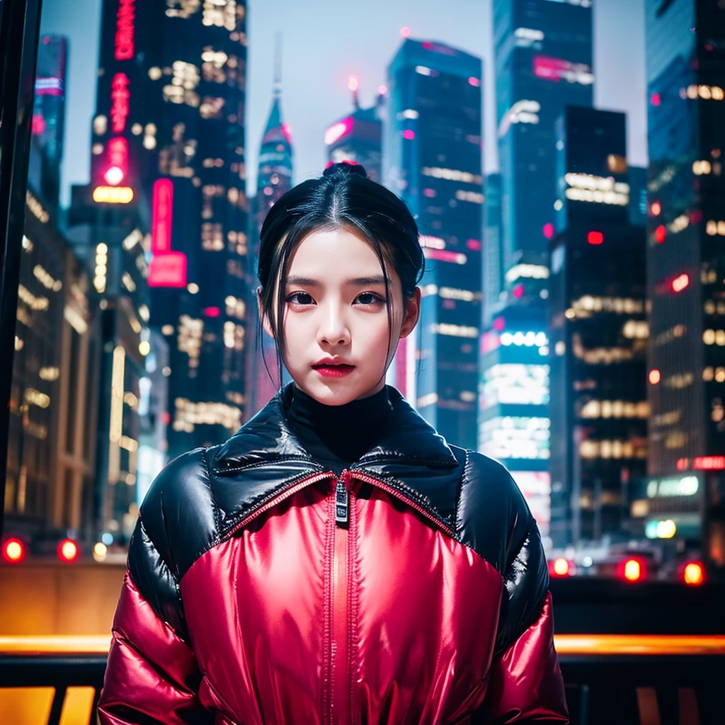 - Style: a Korean girl with black hair wearing a red silver outfit with black metallic details and shiny black accessories. Her hair is slicked back in a high bun..
- Scenery: A futuristic cityscape with burning skyscrapers (fire).