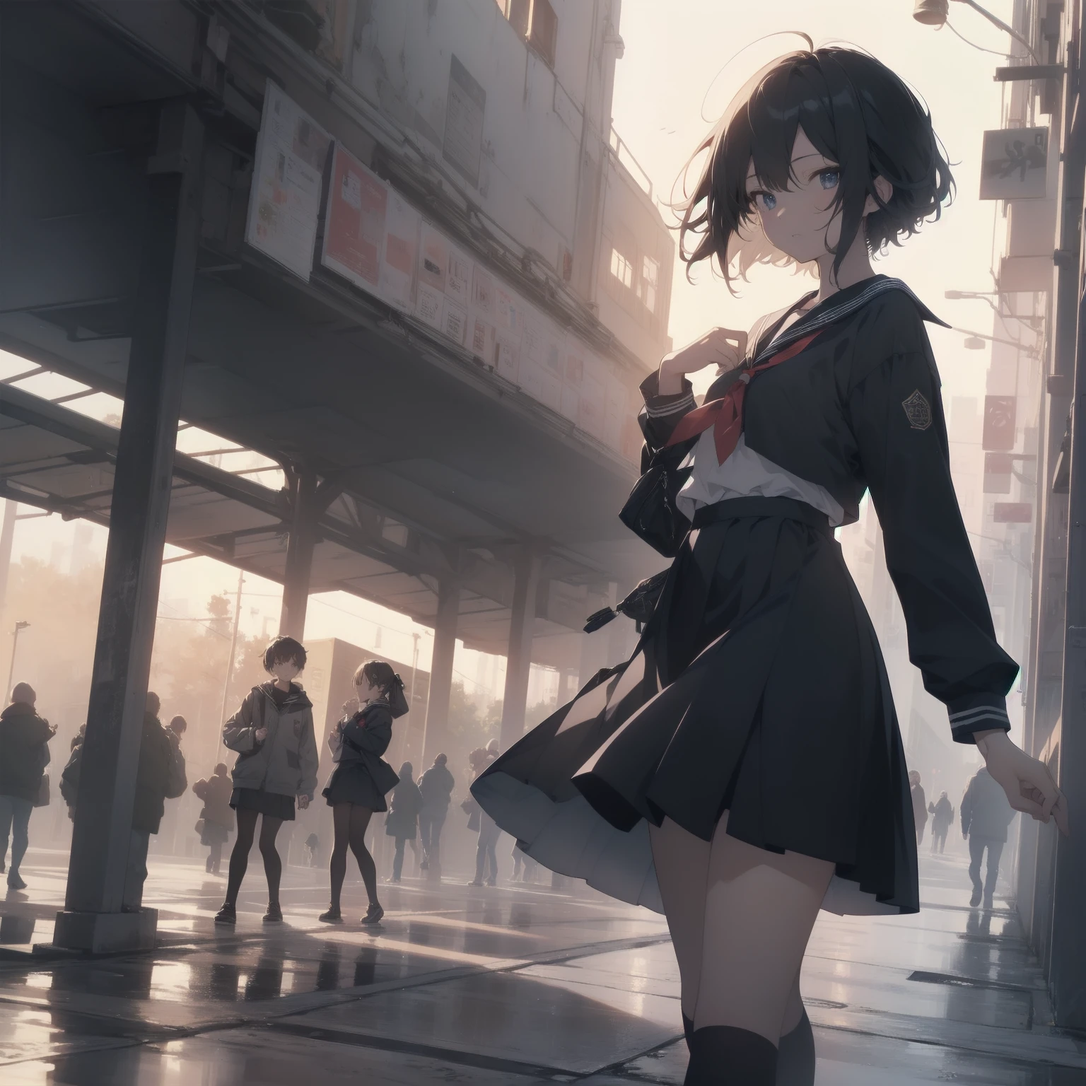 ultra-absurdres-Top quality by artist God, ultra-detailed, high resolution, anime moe artstyle, best anime 8k konachan wallpaper, pixiv contest winner, pool:2810, perfect anatomy,break, 1girl, (Please draw a girl walking sleepily to school alone. )break,(Solo,little female, 13-year-old:1.3),Full limbs, complete fingers,a junior high school student, (very short hair), short cut, flat chest, , small butt, small black eyes, beautiful detailed eyes, well-proportioned iris and pupils, expressive eyes, highres detailed hair, soft expression, salor school_uniform, sailor collar, serahuku, bow, pleated skirt,(Detailed Lighting), (Detailed background), in the School commute route. break,super detailed skin, Best cinematic lighting powered by famous artist, 8k,beauty illustration,photoshop_(medium),very aesthetic,break,((artist:zen_(kamuro) )), artist:clamp ,artist:carnelian ,artist:kantoku ,