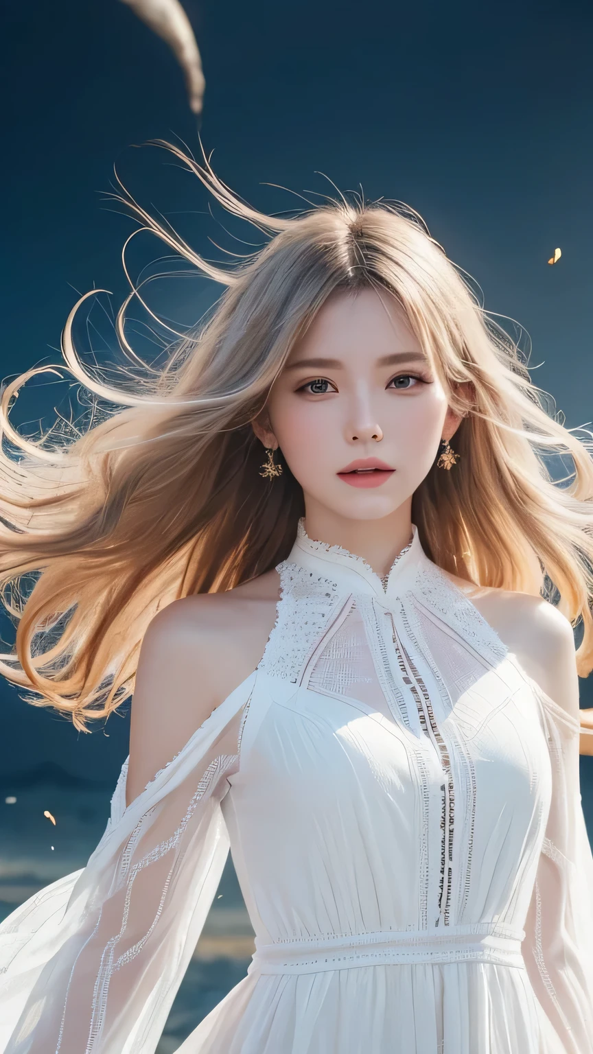 Silver Hair、(masterpiece, Highest quality, Highest, Official Art, beautifully、beautiful, exposed for a long time: 1.2), Smooth movement, Attractive patterns, 1 girl, (Long dress with sleeves: 1.3), (((White clothes) )), Upper Body close-up, Expose your shoulders, Chinese Girl, blush, Black lob hair, Portraiture, alone, Upper Body, Observing the observer, Detailed Background, Detailed face, (Crystal AI, Crystal Theme:1.1), Wind Elf, Rotating wind, Controlling the wind, White crystal clothes, Dynamic pose, Suspended particles, Aether Dynamics, whirlwind, vapour, whirlwind in the background, White Tone, whirlwind, Great atmosphere,bionde,Fairy, Yellow Hair, Plump face,Random Pause