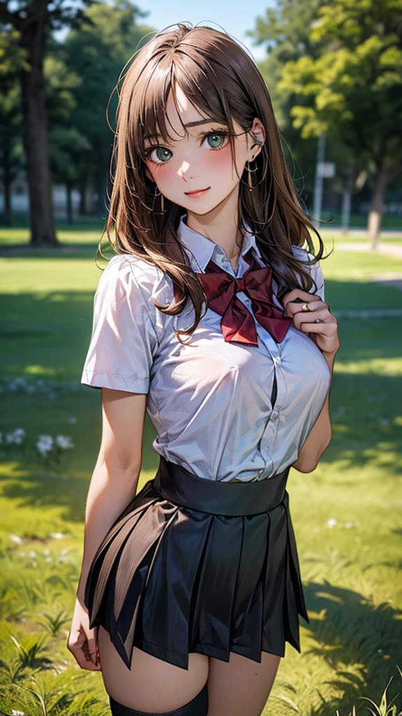 (masterpiece:1.2, top-quality), (realistic, photorealistic:1.4), beautiful illustration, (natural side lighting, movie lighting),
looking at viewer, cowboy shot, front view:0.6, 1 girl, japanese, high school girl, perfect face, cute and symmetrical face, shiny skin,
(long hair:1.8, straight hair:1.7, light brown hair), parted bangs, emerald green eyes, long eye lasher, (large breasts:0.9, thick thighs),
beautiful hair, beautiful face, beautiful detailed eyes, beautiful clavicle, beautiful body, beautiful chest, beautiful thigh, beautiful legs, beautiful fingers,
((, white collared shirts, black pleated mini skirt, black socks, brown loafers, red bow tie)), break, hoop ring earrings, pink panties, dark blue violet In the grass of a meadow, a girl stands, slightly, legs open. A complete body. Perfect hands and legs.
Her face, bright red, flush and shy.
Her large breasts and nipples are standing out, even through the top of her shirt. (The skirt is shorter than normal, but even so, it is a very short mini pleated skirt that almost reveals her panties.)The girl has brown hair.
(The skirt is very short.) The girl's hair is brown.
(The skirt is very short.)
(The skirt is very short).