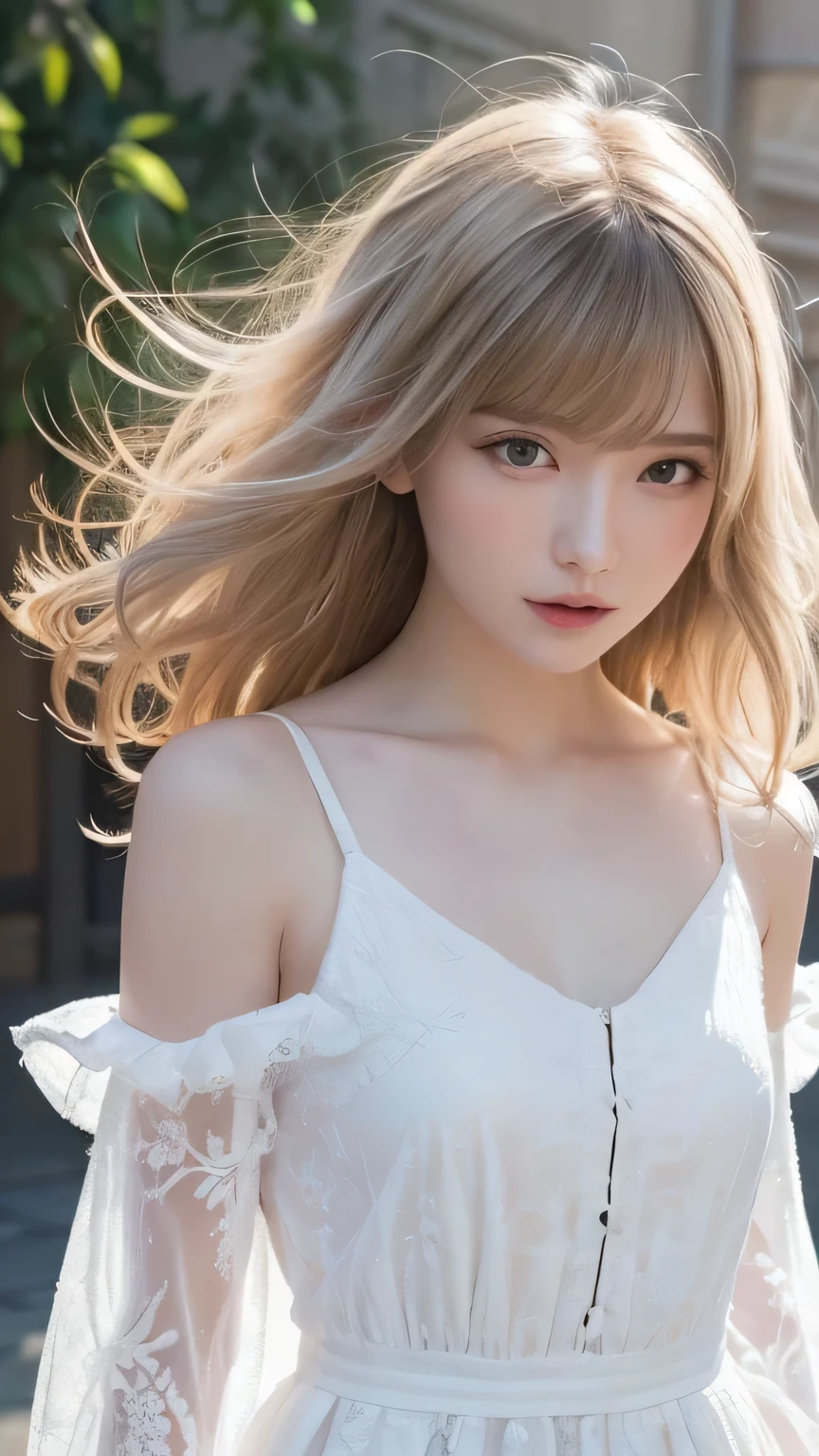Silver Hair、(masterpiece, Highest quality, Highest, Official Art, beautifully、beautiful, exposed for a long time: 1.2), Smooth movement, Attractive patterns, 1 girl, (Long dress with sleeves: 1.3), (((White clothes) )), Upper Body close-up, Expose your shoulders, Chinese Girl, blush, Black lob hair, Portraiture, alone, Upper Body, Observing the observer, Detailed Background, Detailed face, (Crystal AI, Crystal Theme:1.1), Wind Elf, Rotating wind, Controlling the wind, White crystal clothes, Dynamic pose, Suspended particles, Aether Dynamics, whirlwind, vapour, whirlwind in the background, White Tone, whirlwind, Great atmosphere,bionde,Fairy, Yellow Hair, Plump face,Random Pause