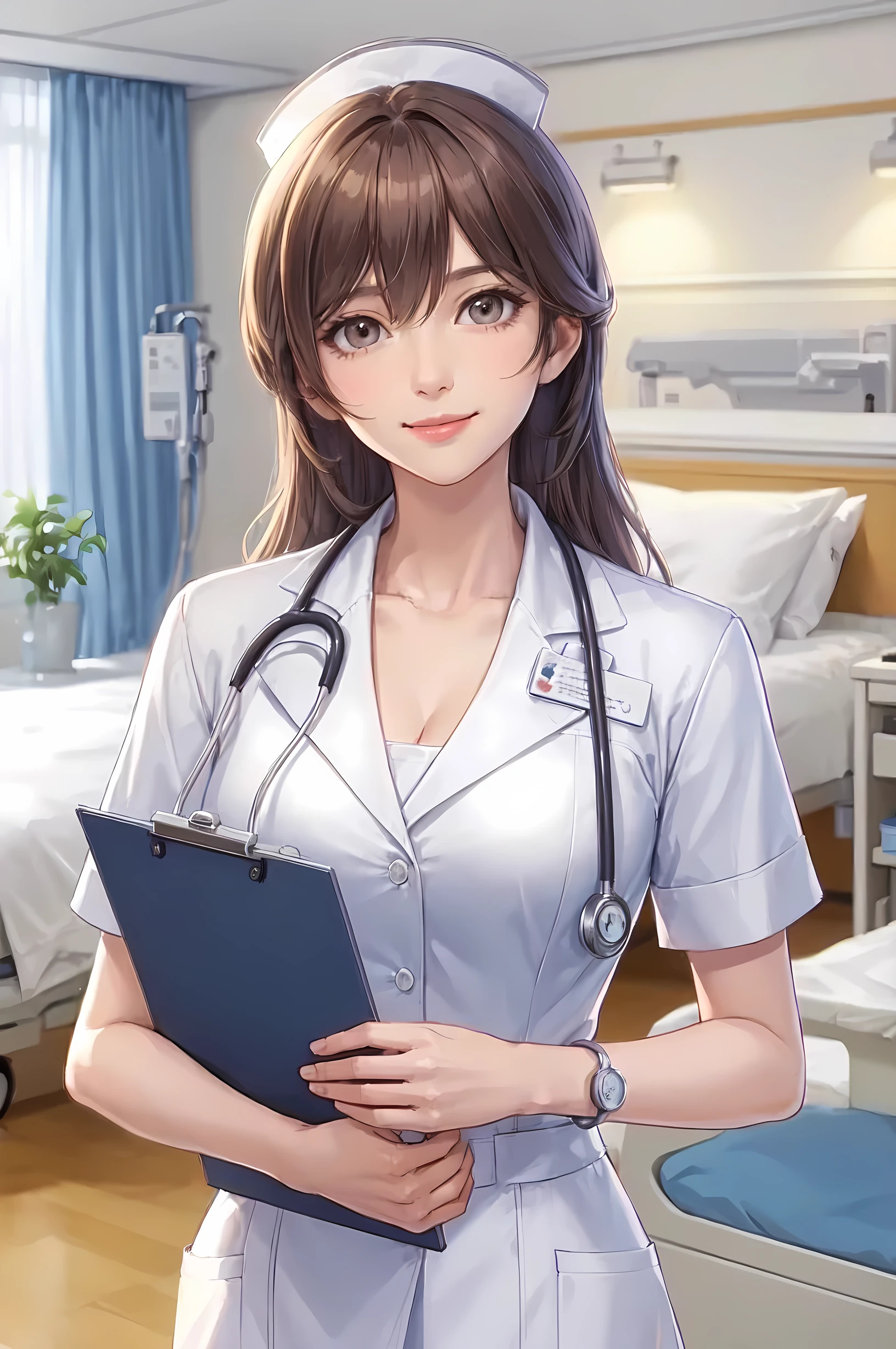 1lady standing, healthcare worker, (nurse uniform), (mature female:0.8), /(beige silver hair/) bangs, kind smile, (masterpiece best quality:1.2) delicate illustration ultra-detailed, large breasts, (holding clipboard), (stethoscope around neck) BREAK (hospital room) indoors, patient's bed, detailed background