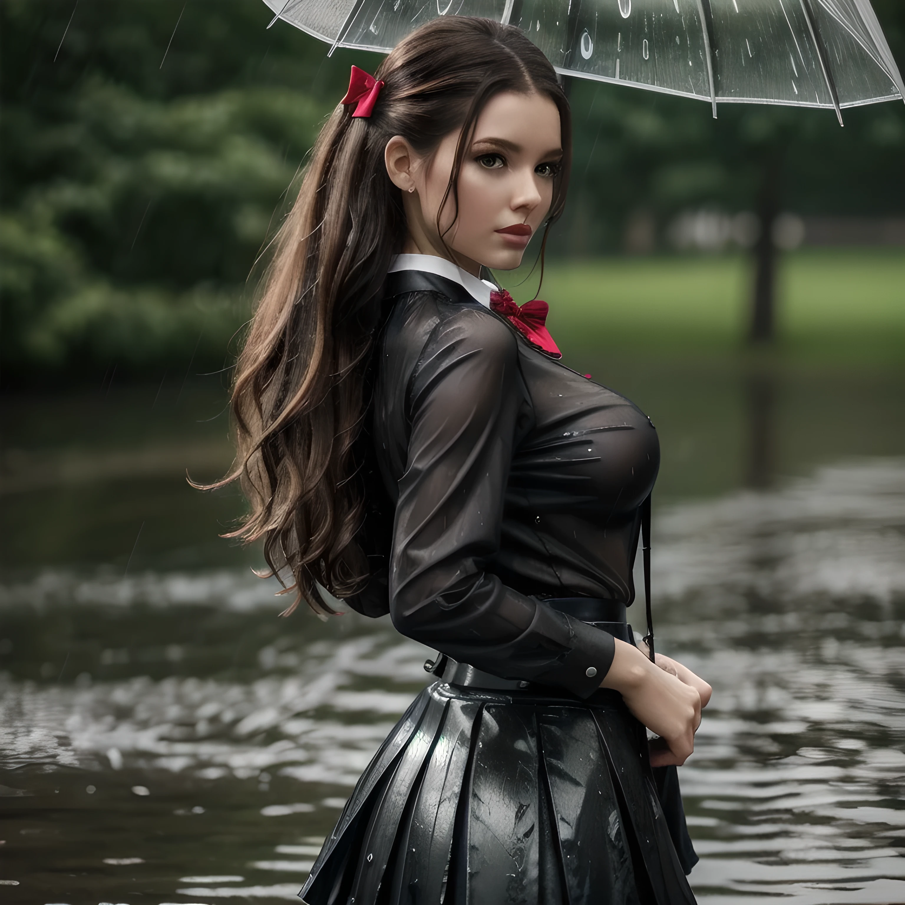 best quality, highres, absurdres, ultra-detailed, laurence bedard), 1girl, long_hair, skirt, solo, shirt, rain, wet_clothes, hair_ornament, wet, breasts, no underwear, pleated_skirt, see-through, bowtie, red_bow