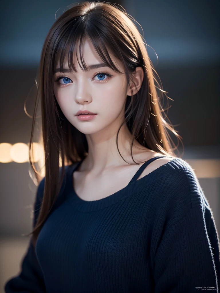 masterpiece, Highest quality, Very detailed, 複雑に詳細なSuper detailed, Realistic, Sharp features, Very detailed, Sharp focus, 19 years old, (Japanese sophisticated model), Perfect Face, Perfect and delicate blue eyes, Perfect Plump Lips, Flexible female form, Cinematic, Super detailed, hyper Realistic, High resolution, Vibrant, Dark fantasy, ((Deep Blue Hour)), Light brown hair, Messy Hair, Small breasts, Black sweater, Portraiture, head shot,