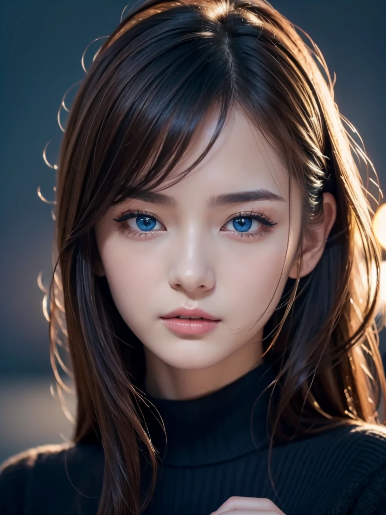 masterpiece, Highest quality, Very detailed, 複雑に詳細なSuper detailed, Realistic, Sharp features, Very detailed, Sharp focus, 19 years old, (Japanese sophisticated model), Perfect Face, Perfect and delicate blue eyes, Perfect Plump Lips, Flexible female form, Cinematic, Super detailed, hyper Realistic, High resolution, Vibrant, Dark fantasy, ((Deep Blue Hour)), Light brown hair, Messy Hair, Small breasts, Black sweater, Portraiture, head shot,