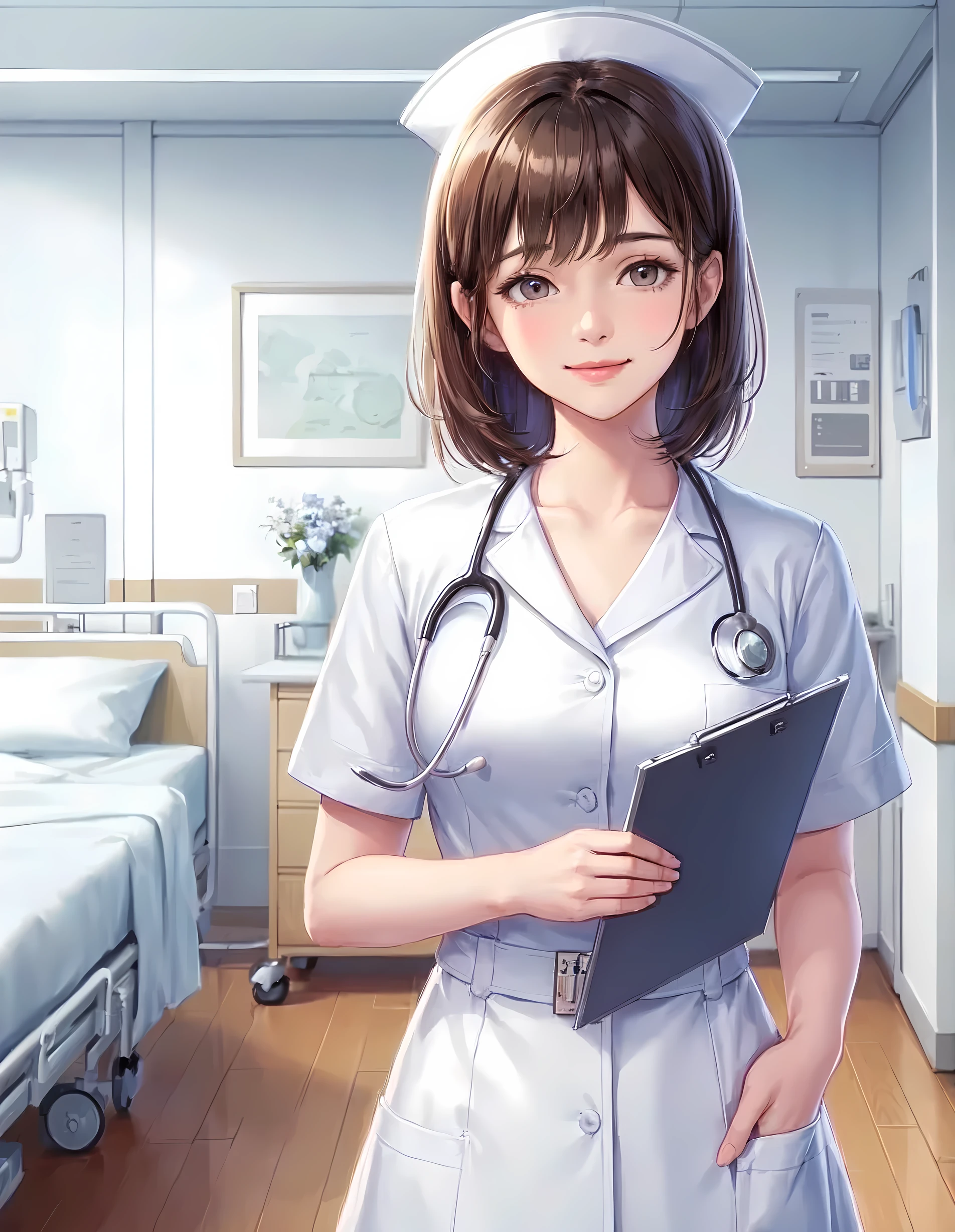1lady standing, healthcare worker, (nurse uniform), (mature female:0.8), /(beige silver hair/) bangs, kind smile, (masterpiece best quality:1.2) delicate illustration ultra-detailed, large breasts, (holding clipboard), (stethoscope around neck) BREAK (hospital room) indoors, patient's bed, detailed background
