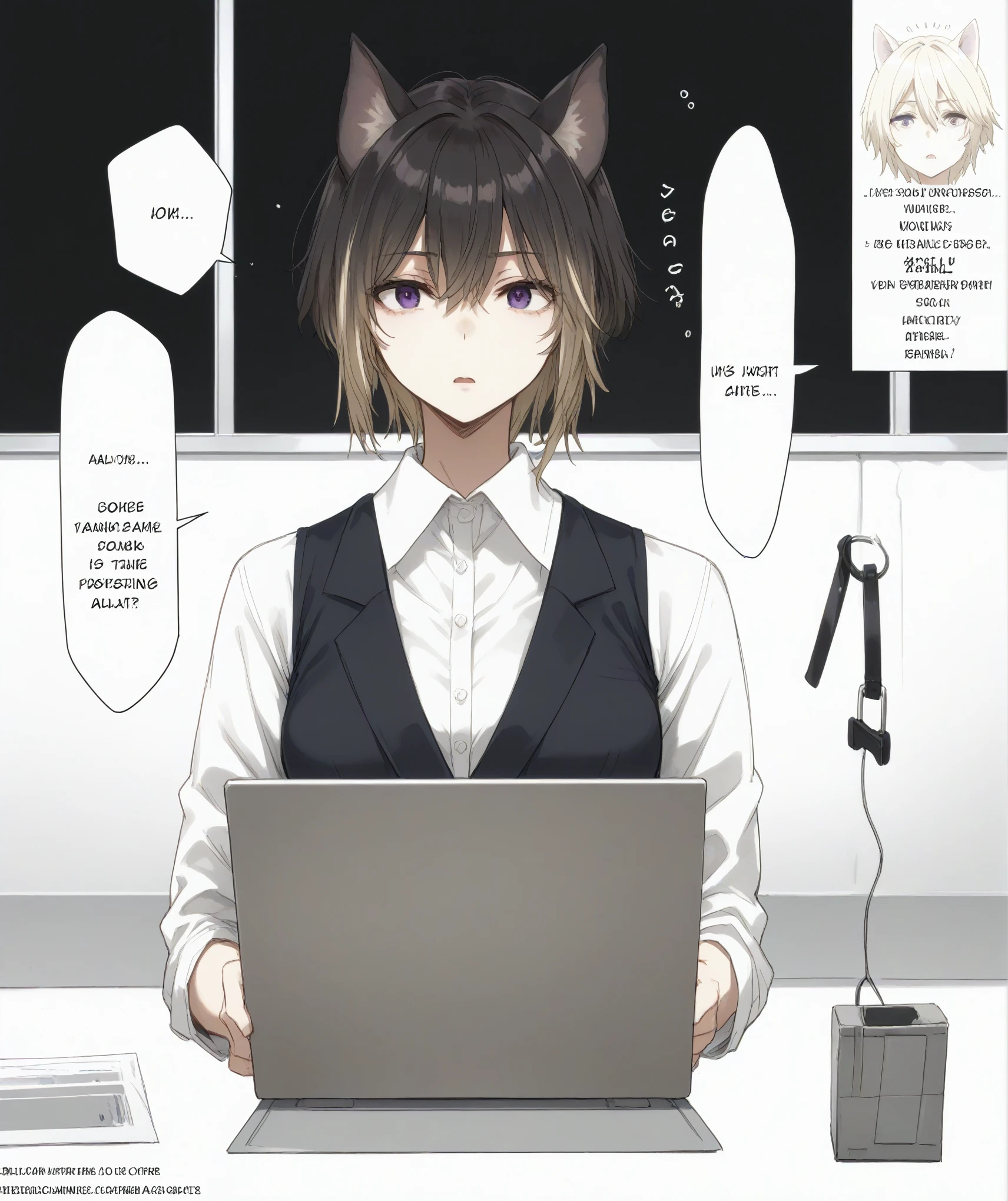 1 girl,short hair,blonde hair,purple eyes,cat ears,tall woman,dialogue windows,in the office,waking up from hipnosis,office lady suit,swear,confusion,
