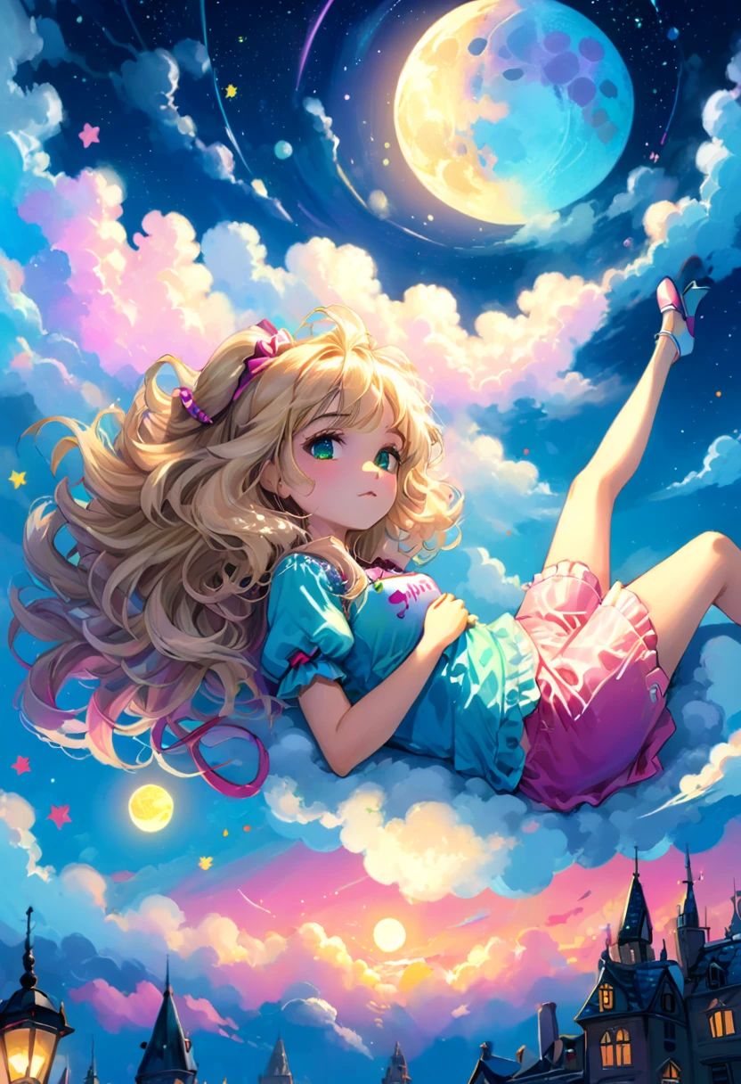 a beautiful 20 year old blonde woman with big messy hair, laying on a fluffy cloud in the sky, with glowing moon and twinkling stars, with a small cityscape below, fantasy art style, rossdraws cartoon vibrant, alice in wonderland cyberpunk, cute detailed digital art, colorfull digital fantasy art, digital fantasy art ), glossy digital painting, rossdraws pastel vibrant, rossdraws 2. 5, rossdraws 1. 0