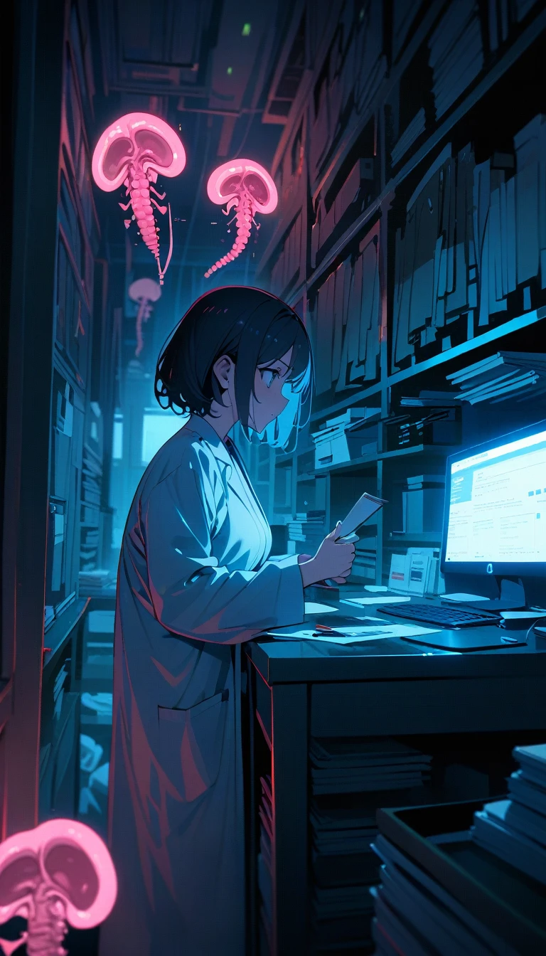((best quality)) , ((masterpiece)) , (detailed),1 doctor,In the dissection room,Internal organs,Late Night,Many files pile up,work overtime