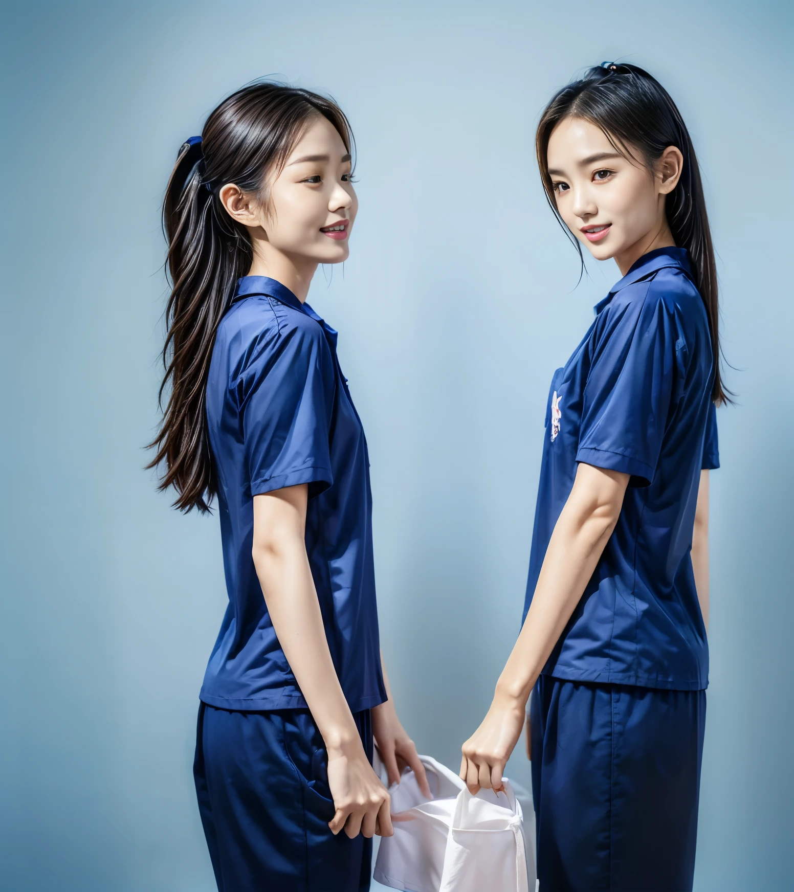 (best quality,10,10,height,Masterpiece:1.2),Special details,(realistic,ภาพrealistic,Realistic photos:1.37),1 Cute girl in the kitchen,shiny, ผิวshiny,only,smile softly,BDclothelue shirt:1.3)),short sleeve,shirt, กางเกงขาlong.,(navy_long_track pants:1.1), ((Kitchen Background)),Dynamic angle,excited,Face focus,dynamic poses,from behind,focus on ass,Masterpiece, best quality, ultra realistic, hyper detail, 8k resolution, raw photos, Sharp focus, ((Navy blue shirt:1.1)), short sleeve, เส้นทางlong, perfect body, 2 mature women, 18 years old, Cinema-grade lighting system,blue sweatpants,shirtผ้าออกกำลังกาย,correct anatomy,perfect body, correct body, Sharp face, correct bodyทางกายวิภาค, full body, realistic gestures, long-haired, realistic poses,Wear long shorts...........................,ช่วงขาlong,Good shape,carved girl, Slender figure, model, Good shape, beautiful body,blue sweatpants, two girls kissing