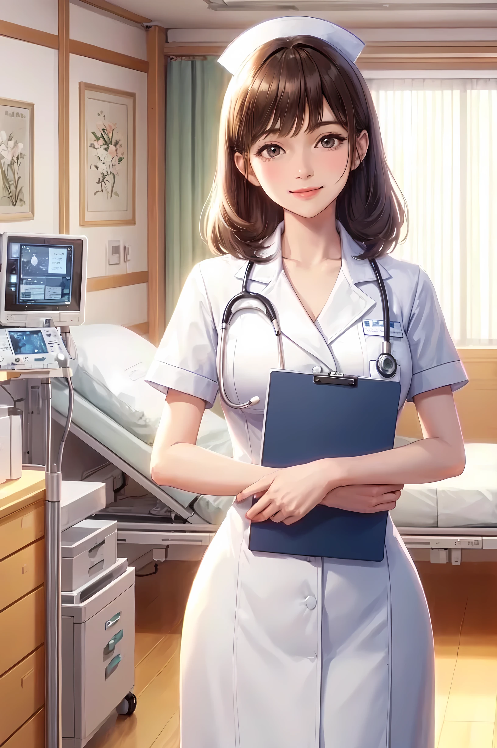 1lady standing, healthcare worker, (nurse uniform), (mature female:0.8), /(beige silver hair/) bangs, kind smile, (masterpiece best quality:1.2) delicate illustration ultra-detailed, large breasts, (holding clipboard), (stethoscope around neck) BREAK (hospital room) indoors, patient's bed, detailed background