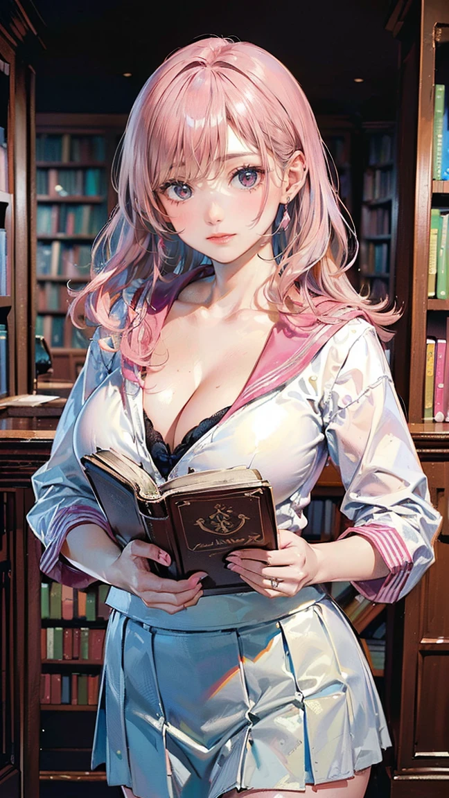 ((Highest quality, 8k, masterpiece :1.3)), (Sharp focus :1.2, Beautiful woman with perfect figure :1.4, Slim Abs), ((Big Breasts, Emphasize cleavage:1.2)), (Photorealistic:1.4), (realistic:1.4), (Pink Hair:1.5), Highly detailed face and skin texture, Fine grain, double eyelid. Makeup face, A little bit of lipstick, sex appeal, Sexy gravure pose, ((A high school girl wearing a white sailor suit and a light blue skirt。The background is the library、Surrounded by bookshelves。She holds a book in her hand、Smiling in a sexy pose。Glasses and simple earrings are her accessories.。:1.3))