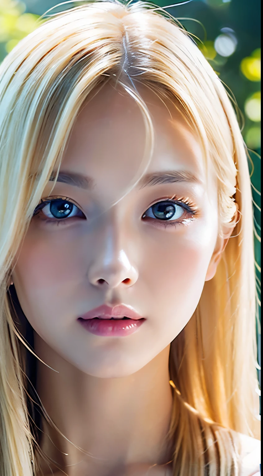 Beautiful glowing white skin、Blonde hair changes color depending on how the light hits it...、Long golden bangs obstruct the view、Cheek gloss highlighter、Gloss Face、Sexy and very beautiful, Nice, cute, Gorgeous face、The most beautiful face in the world、The most beautiful super long blonde hair in the world、Shiny and smooth long straight hair、Glowing pale light blue eyes, Big eyes、lighting equipment、Beautiful pony、Beautiful 20 year old Swedish girl、Young characteristics、Small Face Beauty、Round face