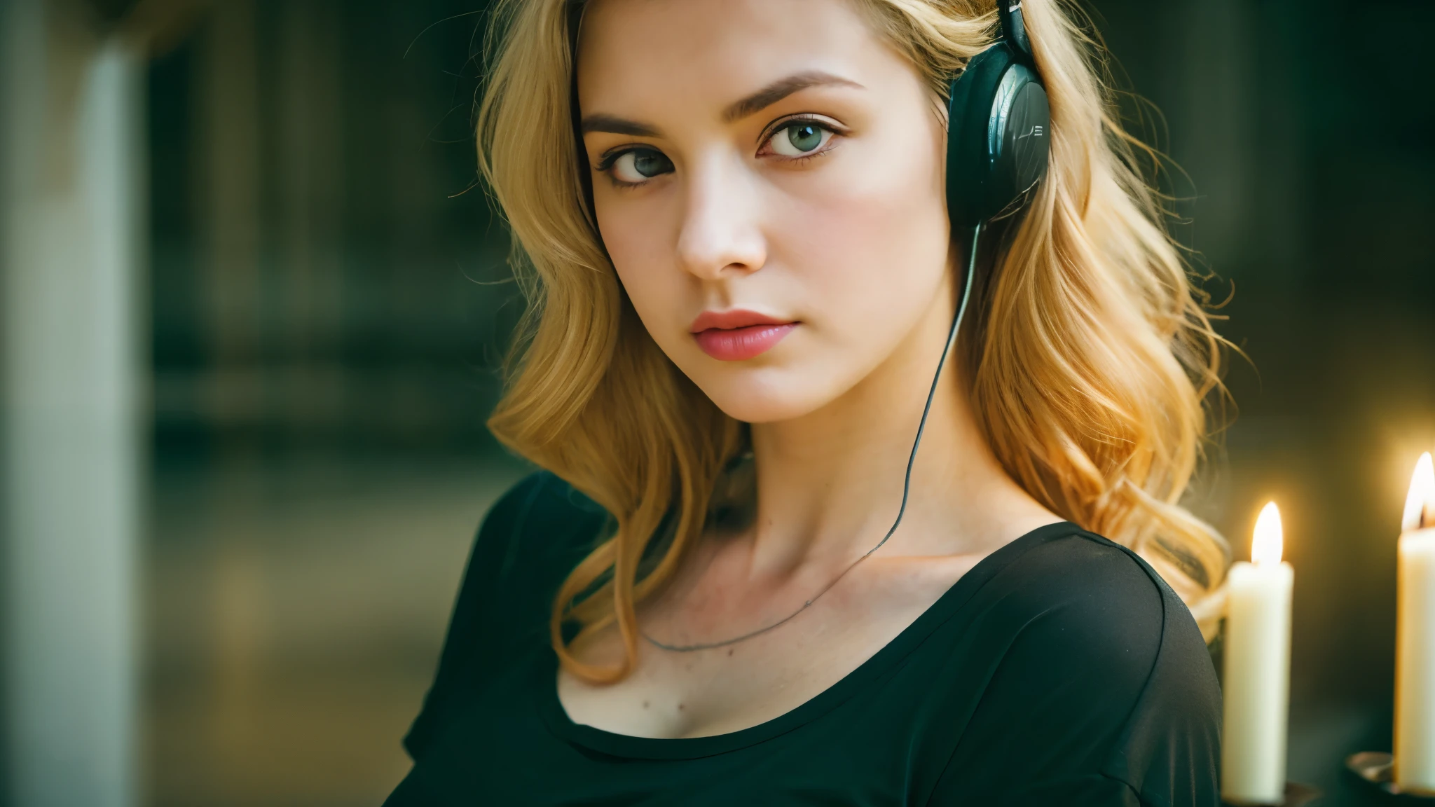Beautiful blonde with big breasts in a black T-shirt (Tattoo、Corridor of Darkness、walk)Only candlelight,Wearing headphones,Very detailed, 21 years old, Innocent face, Wavy Hair, blue eyes, High resolution, masterpiece, Highest quality, Intricate details, Very detailed, Clear focus, Delicate skin, practical skin texture, texture, Delicate eyes, Professional, 4K, Sad face,despair、 Shot with Canon, 85mm, Shallow and deep,  Kodak Vision Color, Exactly, Very detailed, photograph_\(Extremist\), photographpractical, practical, Post-processing, Maximum details, Roughness, Real Life, Extremist practical, Photorealism, photographgraphy, 8K Ultra HD, photographgraphy