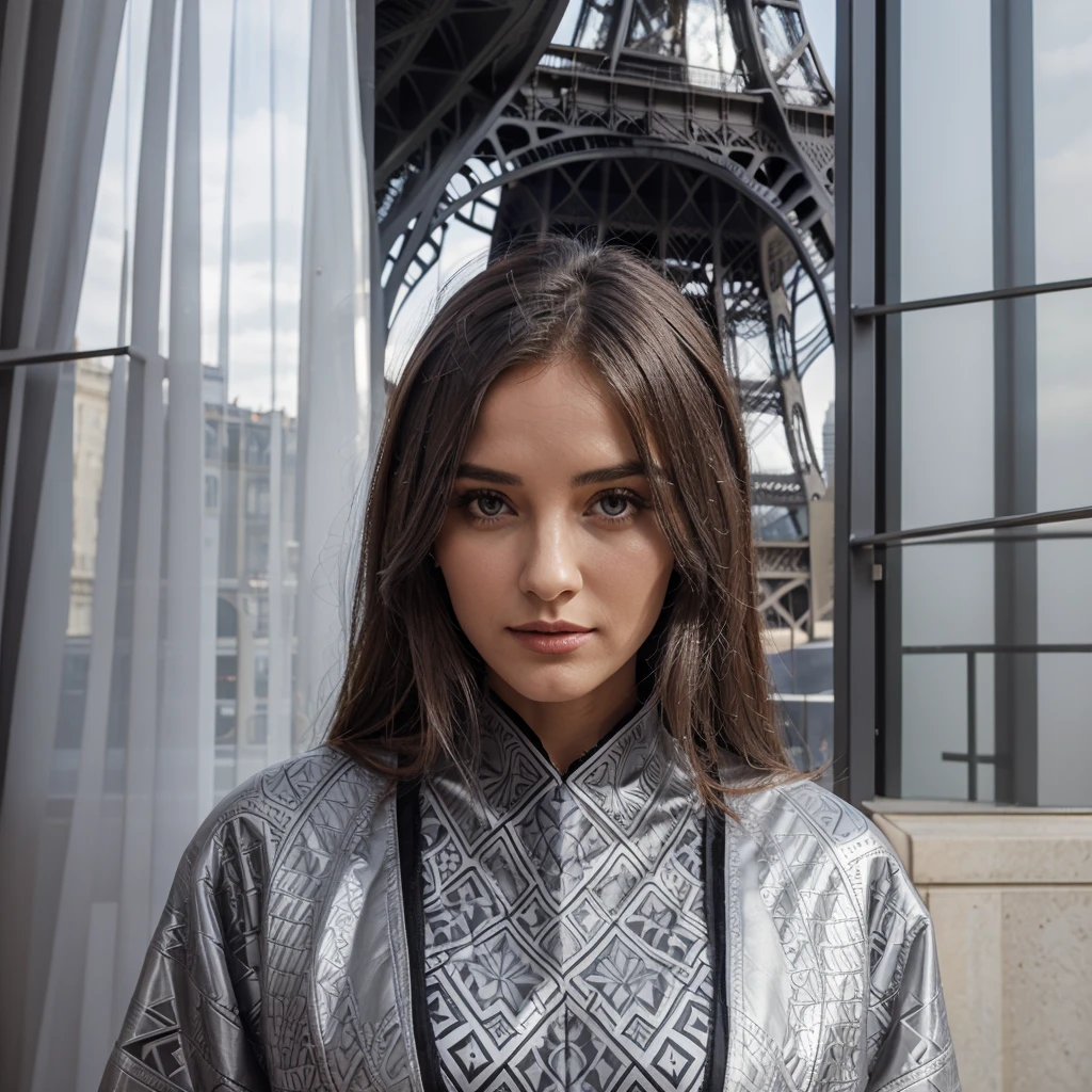 Robe architectural porter pas une femme , shiny gray color with geometric patterns of the Eiffel Tower , like the diamond,square, triangle , handle of your choice 

