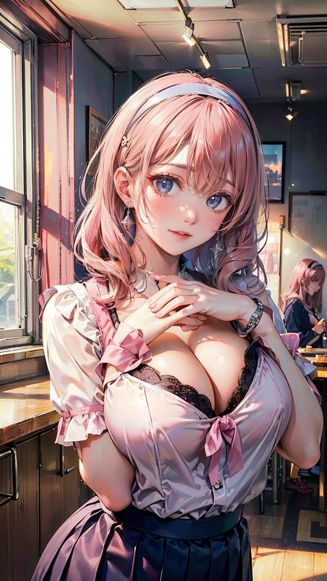 ((Highest quality, 8k, masterpiece :1.3)), (Sharp focus :1.2, Beautiful woman with perfect figure :1.4, Slim Abs), ((Big Breasts, Emphasize cleavage:1.2)), (Photorealistic:1.4), (realistic:1.4), (Pink Hair:1.5), Highly detailed face and skin texture, Fine grain, double eyelid. Makeup face, A little bit of lipstick, sex appeal, Sexy gravure pose, ((A high school girl wearing a pink ribbon blouse and a navy pleated skirt。In the background is the cafeteria、The sunlight coming through the window is warm.。She is smiling and posing sexy with one hand on the counter.。A hairband and a silver bracelet are her accessories.。:1.3))