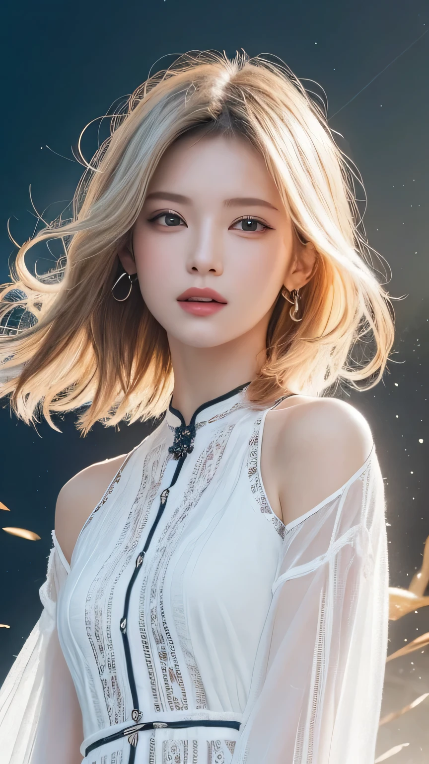 Silver Hair、(masterpiece, Highest品質, Highest, Official Art, beautifully、beautiful, Long exposure: 1.2), Smooth movement, Attractive patterns, 1 girl, (Long dress with sleeves: 1.3), (((White clothes) )), Upper Body close-up, Expose your shoulders, Chinese Girl, blush, Black lob hair, Portraiture, alone, Upper Body, Observing the observer, Detailed Background, Detailed face, (Crystal AI, Crystal Theme:1.1), Wind Elf, Rotating wind, Controlling the Wind, White crystal clothes, Dynamic pose, Suspended particles, Aether Dynamics, whirlwind, vapor, whirlwind in the background, White Tone, whirlwind, Great atmosphere,blonde,Fairy, Yellow Hair, Plump face,Random Pause