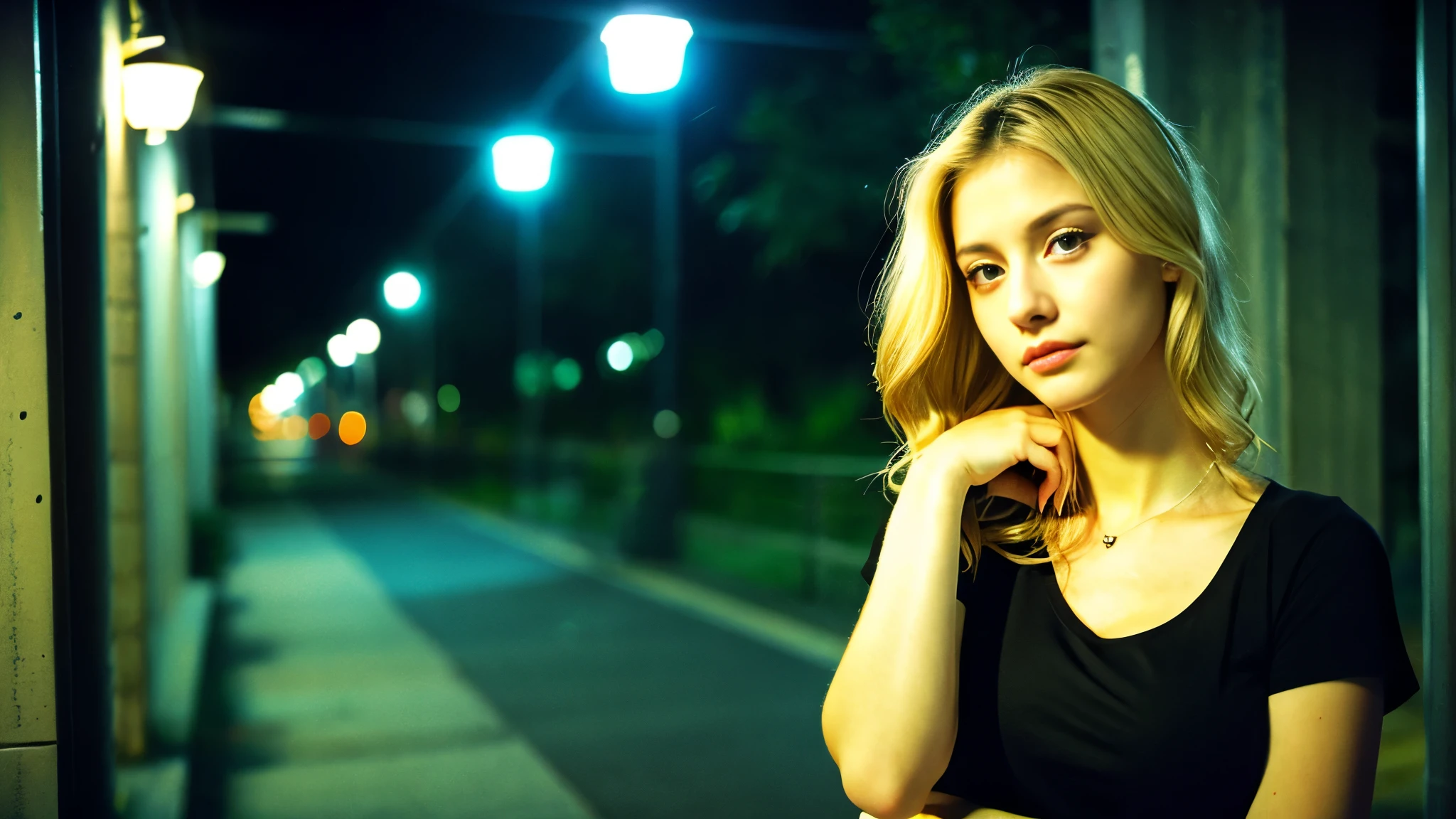 Beautiful blonde with big breasts in a black T-shirt、Many tattoos on the arms、 (Late night school hallway、walk),Candlelight only,Very detailed, 21 years old, Innocent face, Wavy Hair, blue eyes, High resolution, masterpiece, Highest quality, Intricate details, Very detailed, Clear focus, Delicate skin, practical skin texture, texture, Delicate eyes, Professional, 4K, Sad face,despair、 Shot with Canon, 85mm, Shallow and deep,  Kodak Vision Color, Exactly, Very detailed, photograph_\(Extremist\), photographpractical, practical, Post-processing, Maximum details, Roughness, Real Life, Extremist practical, Photorealism, photographgraphy, 8K Ultra HD, photographgraphy