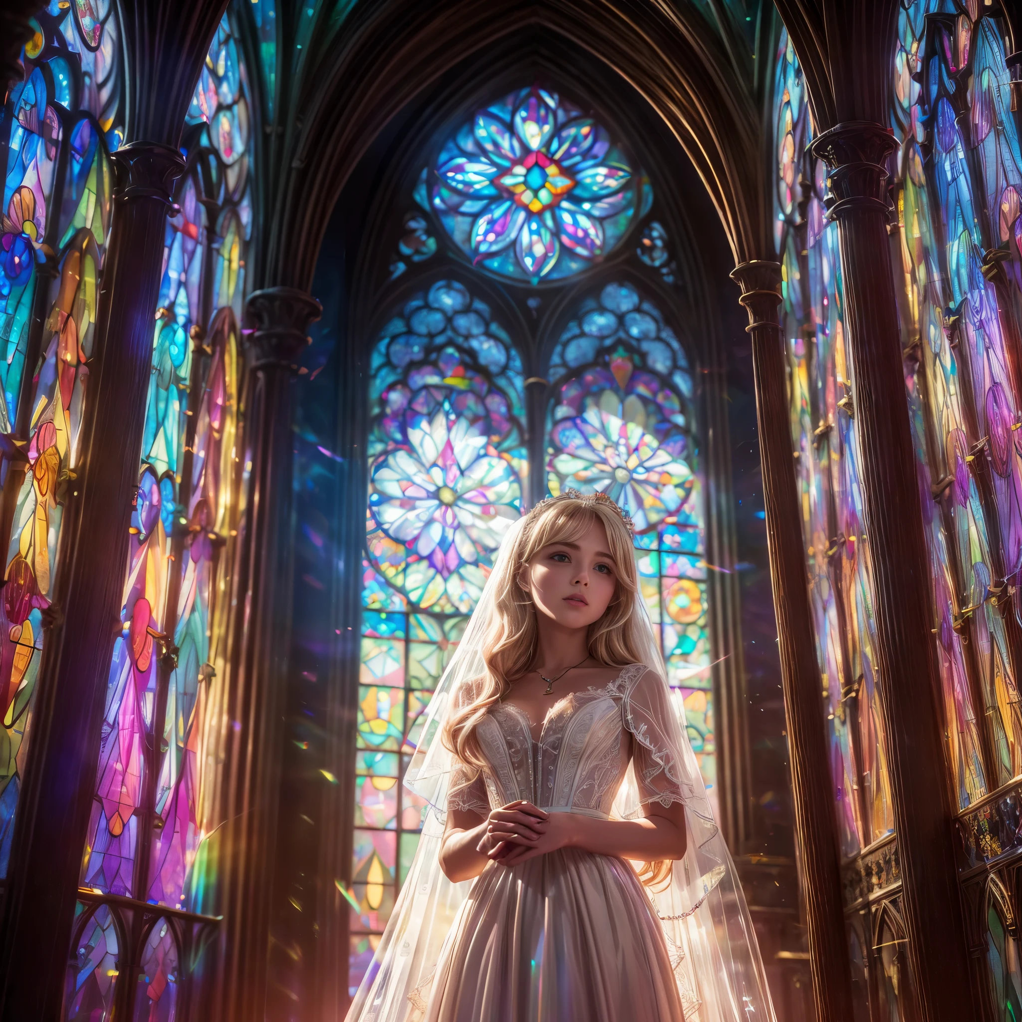  (Cathedral from below:1.28) (ZoomLayer) TopQuality 8K masterpiece of ((Professional photo)), (((Clarisse de Cagliostro))) (Detailed White WeddingDresses), Chain, (((Extremely detailed KAWAII face))) {((VeiledFace))|BlondeHair|(Elaborate BuleEyes)with(SparklingHighlights:1.28)}, The background is distant (((Elaborate stained glass))) Rainbow Glass, {(MysticSight)|EnchantingAtmosphere|Haze|(GodRays)|TyndallEffect}, Radiant PearlSkin with Transparency, (Exposed:0.39)