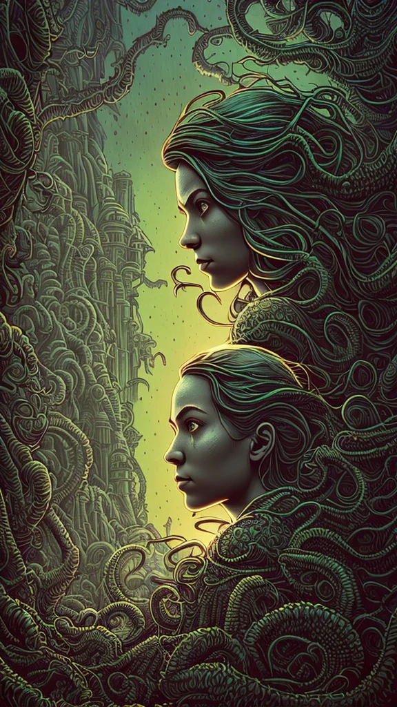 (better lighting, better shadow, artwork, high quality), in profile, (((face close-up))), ((beautiful face of 18 year old girl looking at the floating horizon), (dreadlock hair flowing :1.1 ), professional polaroid photography, dark dense forest, waterfall, sunset, dark feelings, sharp symmetrical artistic art, dan mumford style, HDR, realism, 8K, dark fantasy atmosphere, lovecraft style, (JimJorCrafLogo art style:1.3 ), (close view)
