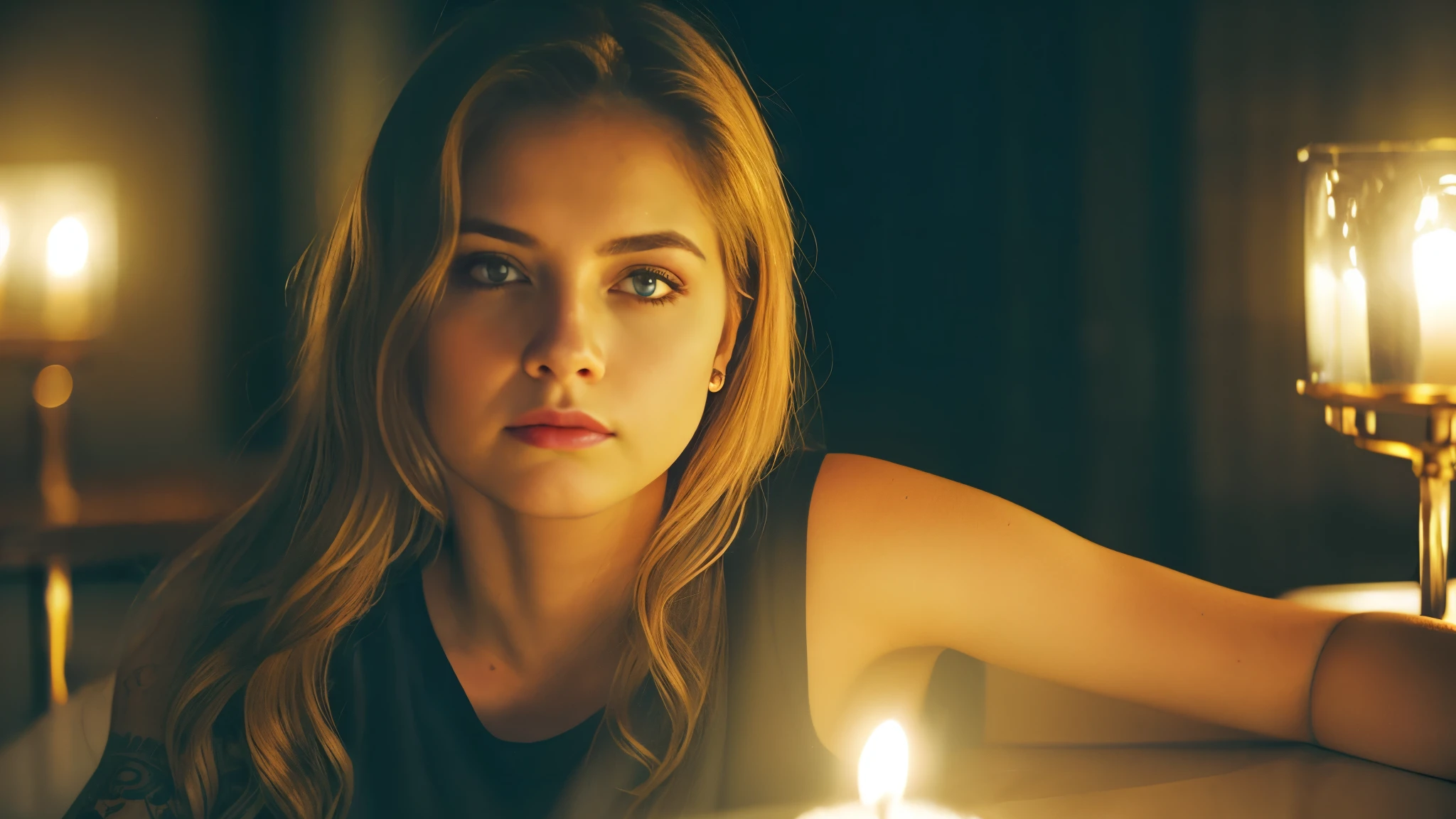 tatuados,Beautiful blonde with big breasts in a black T-shirt、Many tattoos on the arms、 (Late night school hallway、walk),Candlelight only,Very detailed, 21 years old, Innocent face, Wavy Hair, blue eyes, High resolution, masterpiece, Highest quality, Intricate details, Very detailed, Clear focus, Delicate skin, practical skin texture, texture, Delicate eyes, Professional, 4K, Sad face,despair、 Shot with Canon, 85mm, Shallow and deep, Kodak Vision Color, Exactly, Very detailed, photograph_\(Extremist\), photographpractical, practical, Post-processing, Maximum details, Roughness, Real Life, Extremist practical, Photorealism, photographgraphy, 8K Ultra HD, photographgraphy