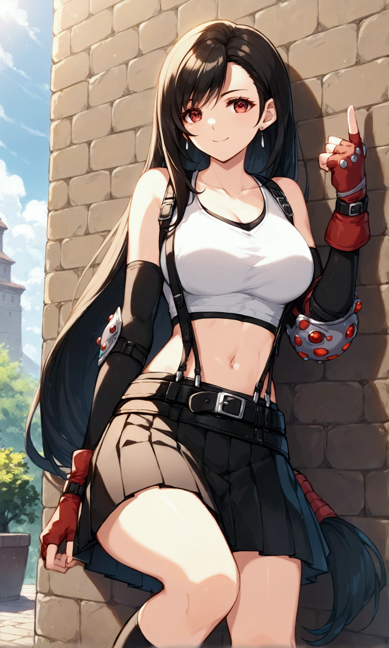 score_9, score_8_superior, score_7_superior,,break , ,Dynamic Angle,,,,Are standing, superiorperbody,,alone ,One girl, Tifa Lockhart, Final Fantasy, puppet,Black Hair, Long hair tied low, Red eyes, bangs, (White tank top, belt, Pleated skirt, Knee socks, Elbow fingerless gloves, Elbow pads, abdomen, belly button,Suspender skirt) ,(big_chest),(A light smile),(to keep balance),Daytime,Outdoor,(Super detailed),(Highest quality),(beautiful,very beautiful),Ultra-high resolution,Highly detailed CG Unity 8k wallpaper,anime,Depth of written boundary,,Leaning against a wall