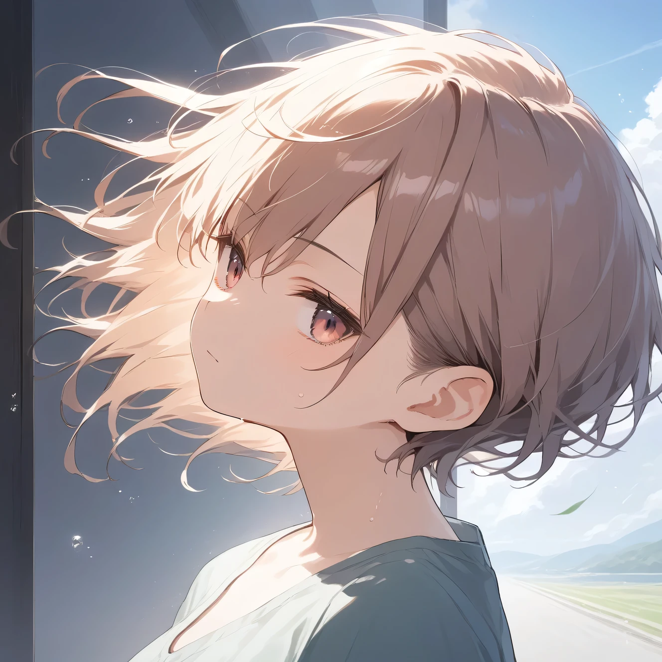 score_9, score_8_up, score_7_up, source_anime, best quality, masterpiece, official art, absurdres, highres, ultra-detailed,waifu2x,Collection: Serious Beauty,break,1girl, tomboy, very short hair, pixie cut, breasts, beautiful detailed eyes, expressionless, blank stare, shorts,sweat, closed mouth, outdoors,meadow, wind, break,(clear line illustration:1.2), super detailed skin,very high resolution, very aesthetic, Best sexual lighting powered by famous artist, 8k, beauty illustration,photoshop_(medium),,(Detailed Lighting),best anime 8k konachan wallpaper, pixiv contest winner,