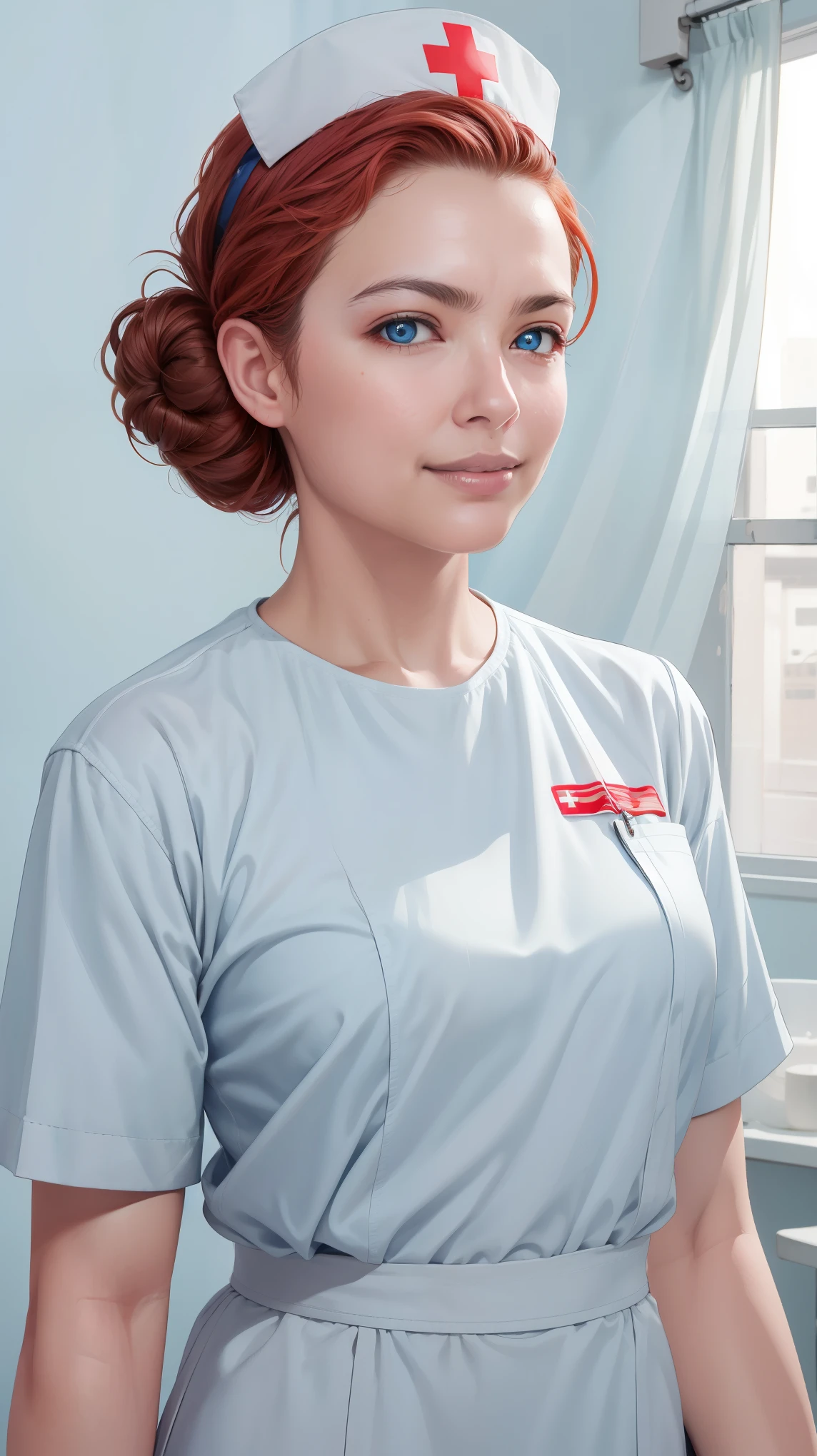 ((((masterpiece, best quality, high resolution)))), Extremely detailed 8K, Beautiful girl with voluptuous body, (Ultra HD, Ultra-detailed, Highly detailed, Highly realistic, Ultra-realistic, photograph realistic), (1girl:1.5), (Realistic red hair), A stunning portrait of a woman dressed as a nurse, exuding both elegance and professionalism. She wears a pristine white nurse uniform with a red cross on the cap, a gentle smile playing on her lips. Her long, auburn hair is styled in a classic updo, and her blue eyes sparkle with warmth and compassion. The background features soft, pastel colors and a subtle medical motif, creating a soothing and comforting atmosphere.