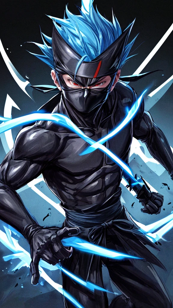 Maximum quality, high quality of image, work of art, man in black ninja clothes, uitlizando shurikens and kunais, Black ninja mask showing only the eyes, Light blue aura,without hair,