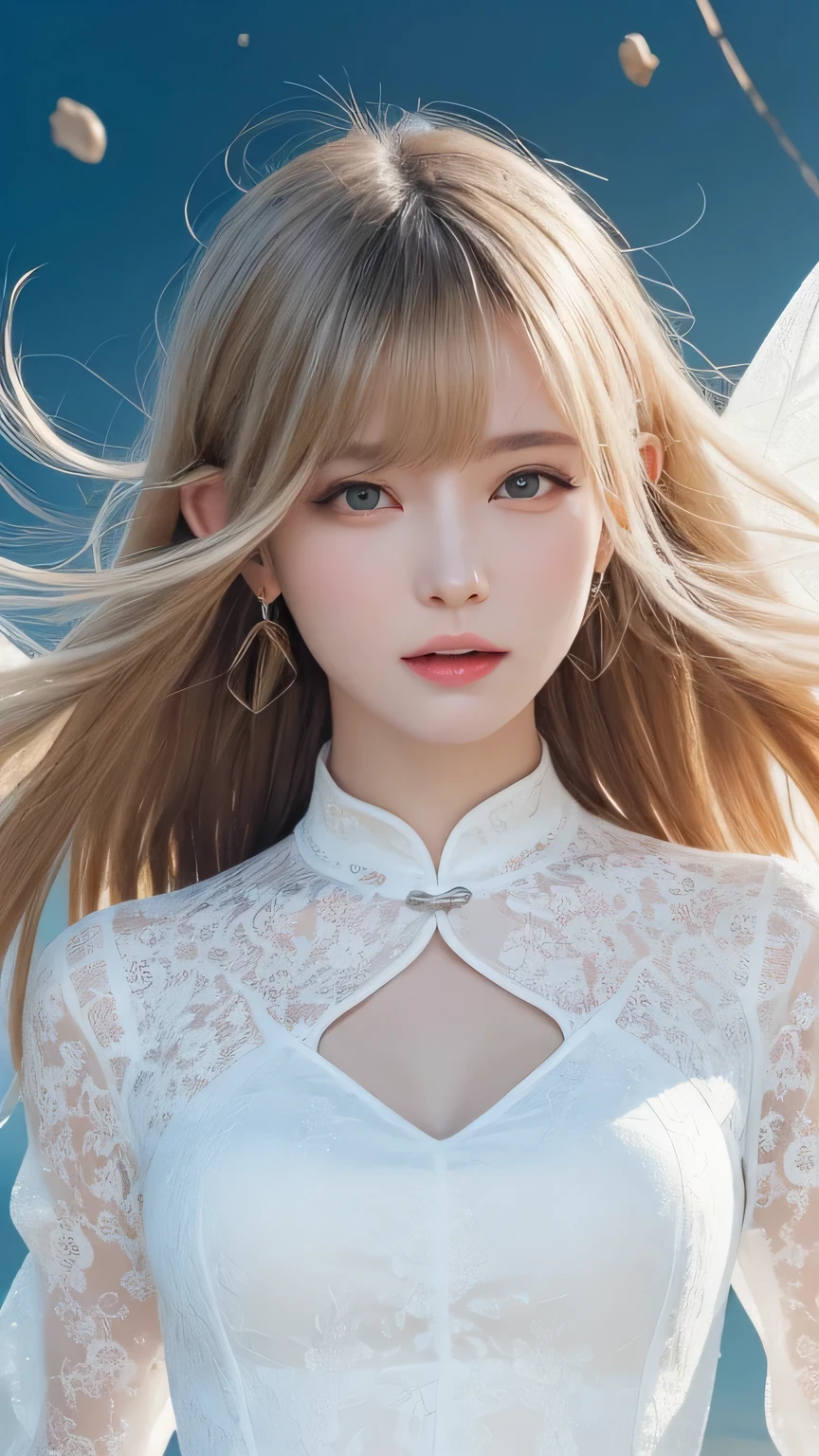 Silver Hair、(masterpiece, Highest quality, Highest, Official Art, beautifully、beautiful, exposed for a long time: 1.2), Smooth movement, Attractive patterns, 1 girl, (Long dress with sleeves: 1.3), (((White clothes) )), Upper Body close-up, Expose your shoulders, Chinese Girl, blush, Black lob hair, Portraiture, alone, Upper Body, Observing the observer, Detailed Background, Detailed face, (Crystal AI, Crystal Theme:1.1), Wind Elf, Rotating wind, Controlling the wind, White crystal clothes, Dynamic pose, Suspended particles, Aether Dynamics, whirlwind, vapour, whirlwind in the background, White Tone, whirlwind, Great atmosphere,bionde,Fairy, Yellow Hair, Plump face,Random Pause
