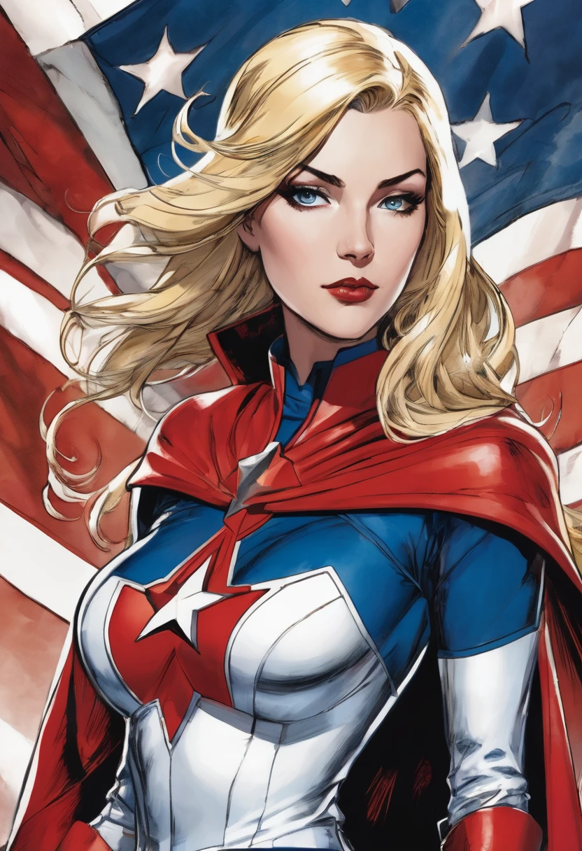 a superheroine with an imposing presence. She wears a deep blue skin-tight outfit with red and white accents., adorned by a large white star on the chest. Uniform includes a high collar and flowing cape, blue with red lining, which attaches to the shoulders with silver plates. She wears red elbow-length gloves and tall red boots., complemented by a silver utility belt. His face is angular and his eyes are penetrating., while your hair, blonde like gold, falls gently on the shoulders, adding an air of mystery and power to your image.