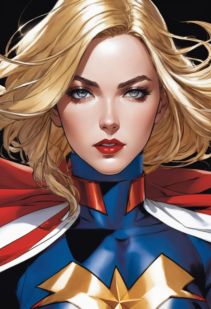 a superheroine with an imposing presence. She wears a deep blue skin-tight outfit with red and white accents., adorned by a large white star on the chest. Uniform includes a high collar and flowing cape, blue with red lining, which attaches to the shoulders with silver plates. She wears red elbow-length gloves and tall red boots., complemented by a silver utility belt. His face is angular and his eyes are penetrating., while your hair, blonde like gold, falls gently on the shoulders, adding an air of mystery and power to your image.
