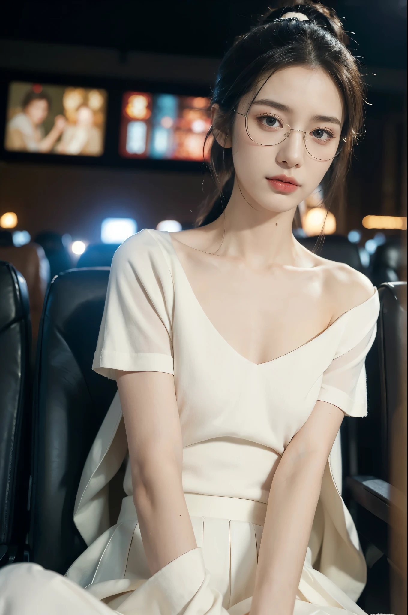 (((best quality))),(((ultra detailed))),(((masterpiece))),illustration,((a beautiful girl,solo)),(short ponytail:1.2),(glasses:1.2),((slim,thin)),((small breasts,flat chest)),(sitting:1.3),(in a movie theater:1.3),((white short-sleeved shirt,white flowing long skirt)),elegant, youthful innocence, radiant skin, focused eyes,(movie screen:1.2), (dimly lit:1.5), plush seating, intricate decorations, freshly popped popcorn, anticipation, peaceful expression, cozy surroundings, summer,(night scene:1.3),(Luxurious decoration:1.3), tranquility, joy,((Future technology sense, cyberpunk style)),((from front,upper body))