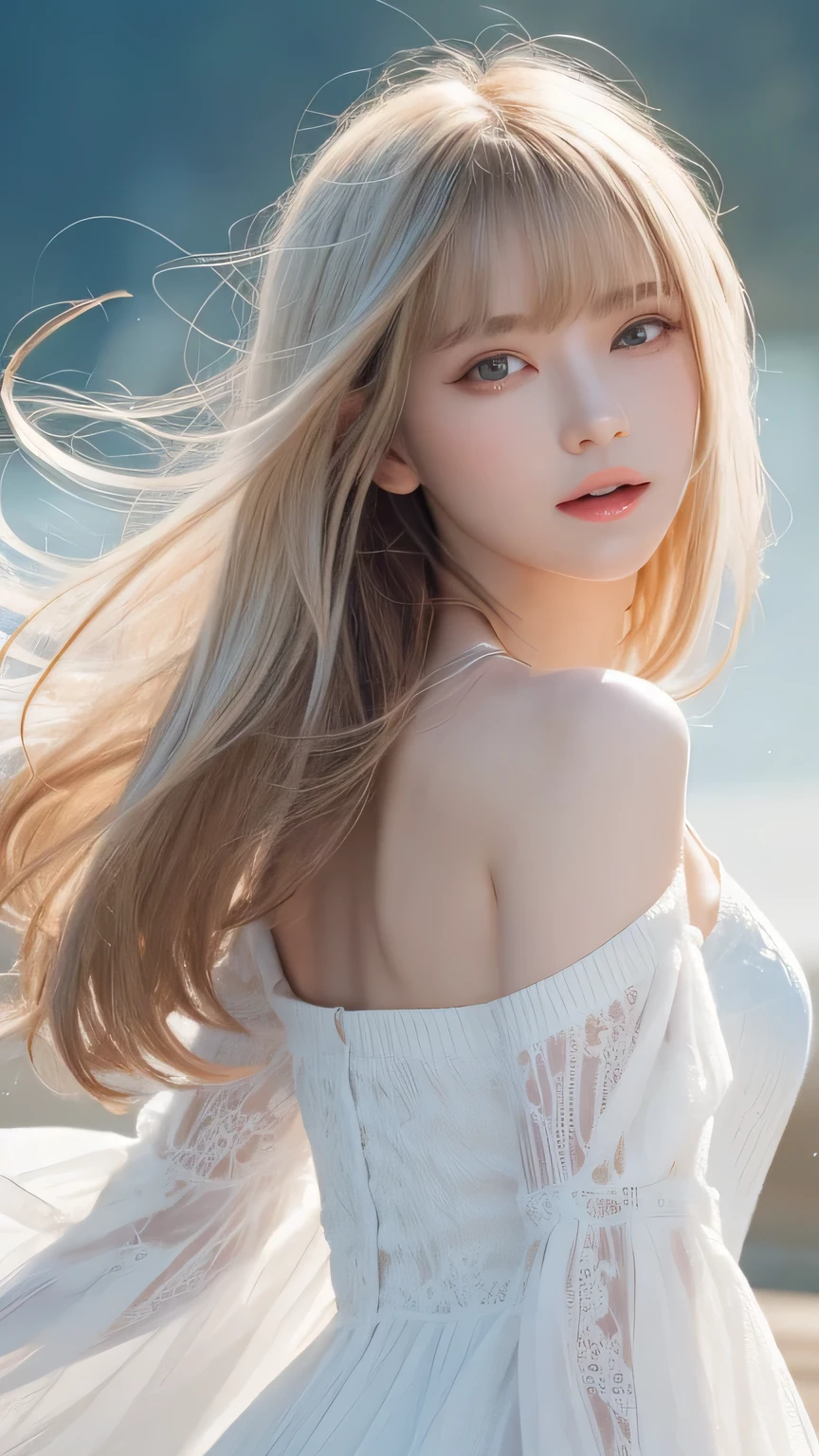 Silver Hair、(masterpiece, Highest quality, Highest, Official Art, beautifully、beautiful, exposed for a long time: 1.2), Smooth movement, Attractive patterns, 1 girl, (Long dress with sleeves: 1.3), (((White clothes) )), Upper Body close-up, Expose your shoulders, Chinese Girl, blush, Black lob hair, Portraiture, alone, Upper Body, Observing the observer, Detailed Background, Detailed face, (Crystal AI, Crystal Theme:1.1), Wind Elf, Rotating wind, Controlling the wind, White crystal clothes, Dynamic pose, Suspended particles, Aether Dynamics, whirlwind, vapour, whirlwind in the background, White Tone, whirlwind, Great atmosphere,bionde,Fairy, Yellow Hair, Plump face,Random Pause